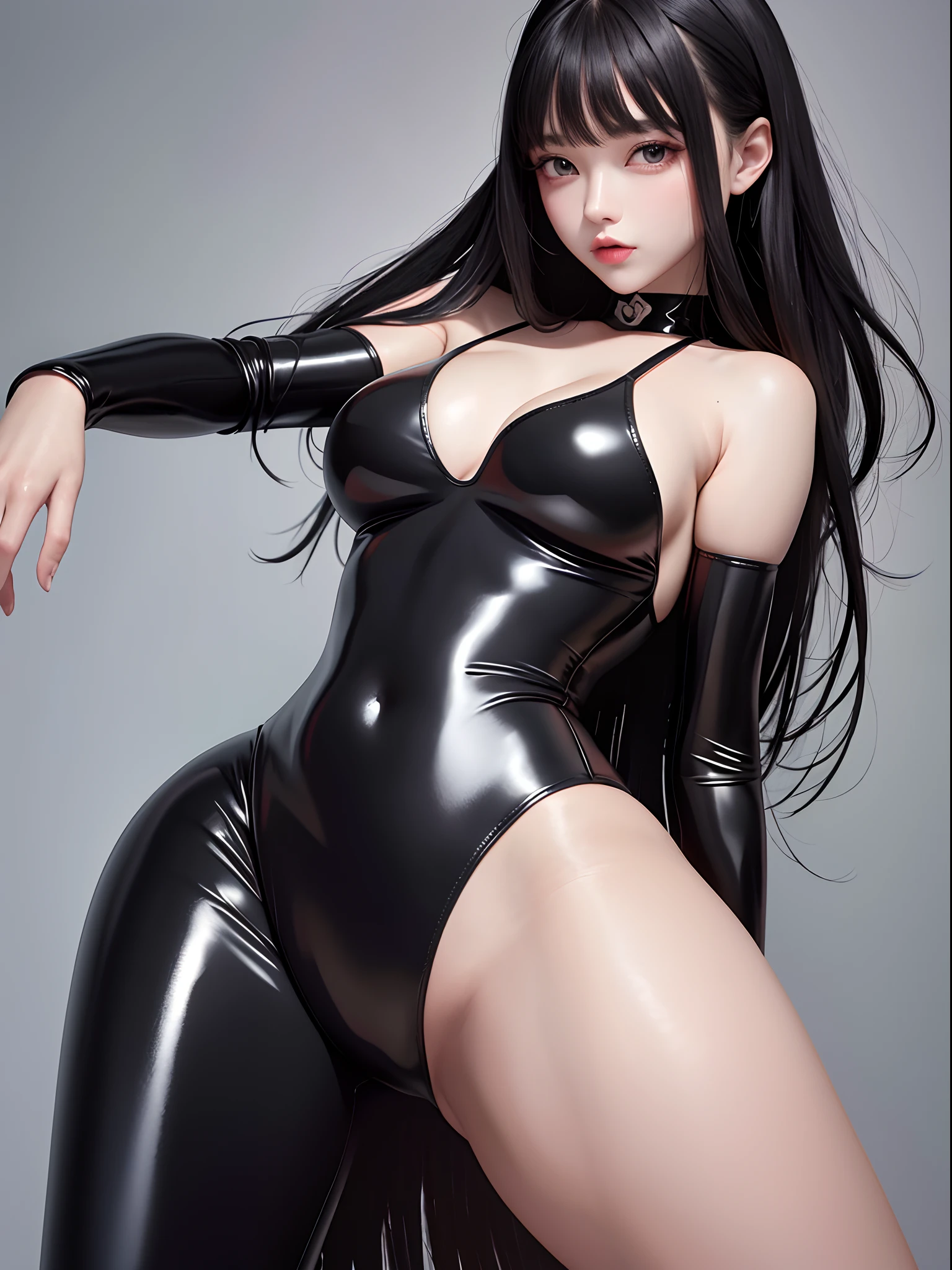 masterpiece,best quality,girl,black yes,black hair,long hair,black latex bodysuit,top-down bottom-up,