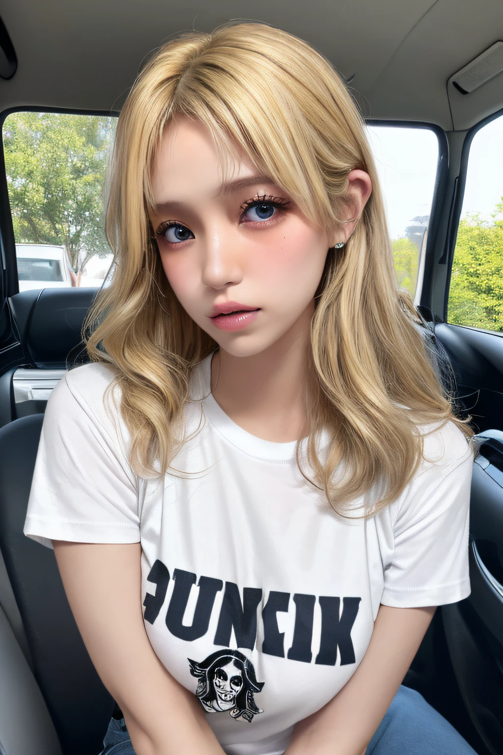 (1girl),large breasts, breasts, tan, dewy skin, sweaty skin, wavy blonde hair, punk tshirt, punk girl