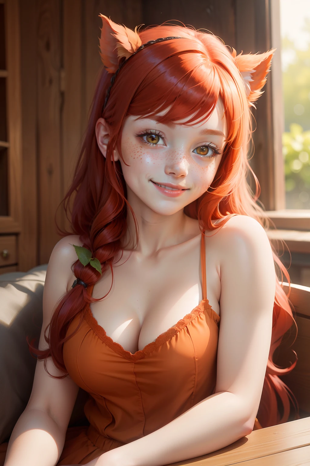 Apple Bloom, solo, red hair, long hair, orange eyes, freckles, adorable, smile, looking at viewer, masterpiece, best quality, high quality