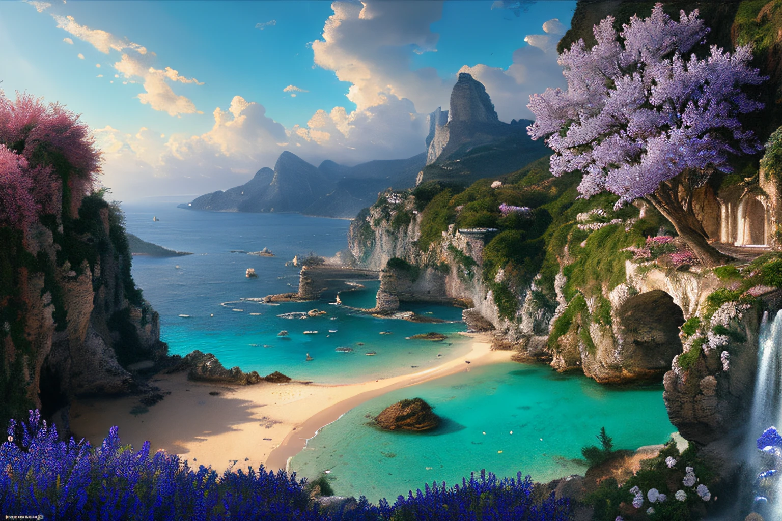 Paysage mer cristalline bleu profond,glycine,cascades, Eau cristalline, ciel azur lumineux, ,(Highly detailed CG Unit 8k wallpaper), The most beautiful work of art in the world, Professional majestic oil painting, complexe, High detail, mise au point nette, dramatique, Art of photorealist painting, Alma Tadema