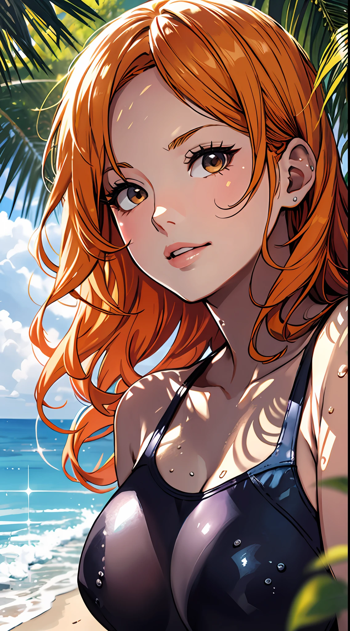 tmasterpiece, hoang lap ,(Complicated details),(golden hair) Orange hair,(rich colourful), cinmatic lighting, Bust, the Extremely Detailed CG Unity 8K Wallpapers,(swim wears:1.5) , 1girll, Large breasts,cleavage,独奏, rays of sunshine,Be red in the face,ssmile,looks into camera,Close-up shot,sea beach,clouds,sandbeach,Greenery