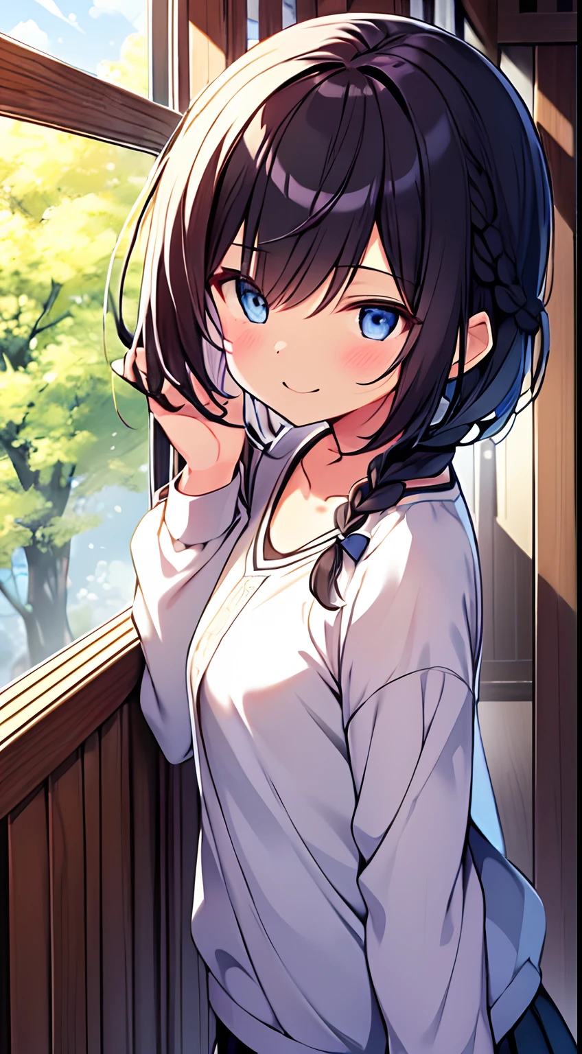 masutepiece, Best Quality,Illustration, Wallpaper, Ultra Detail, 1girl in,Solo,Beautiful detailed eyes,Very thick contour lines、Medium Short-Cut Hair、Short, Braided hair、(student clothes)、Dark hair color、A smile、Walking next door、Kamimei、Overlooking angle:1.2、small head