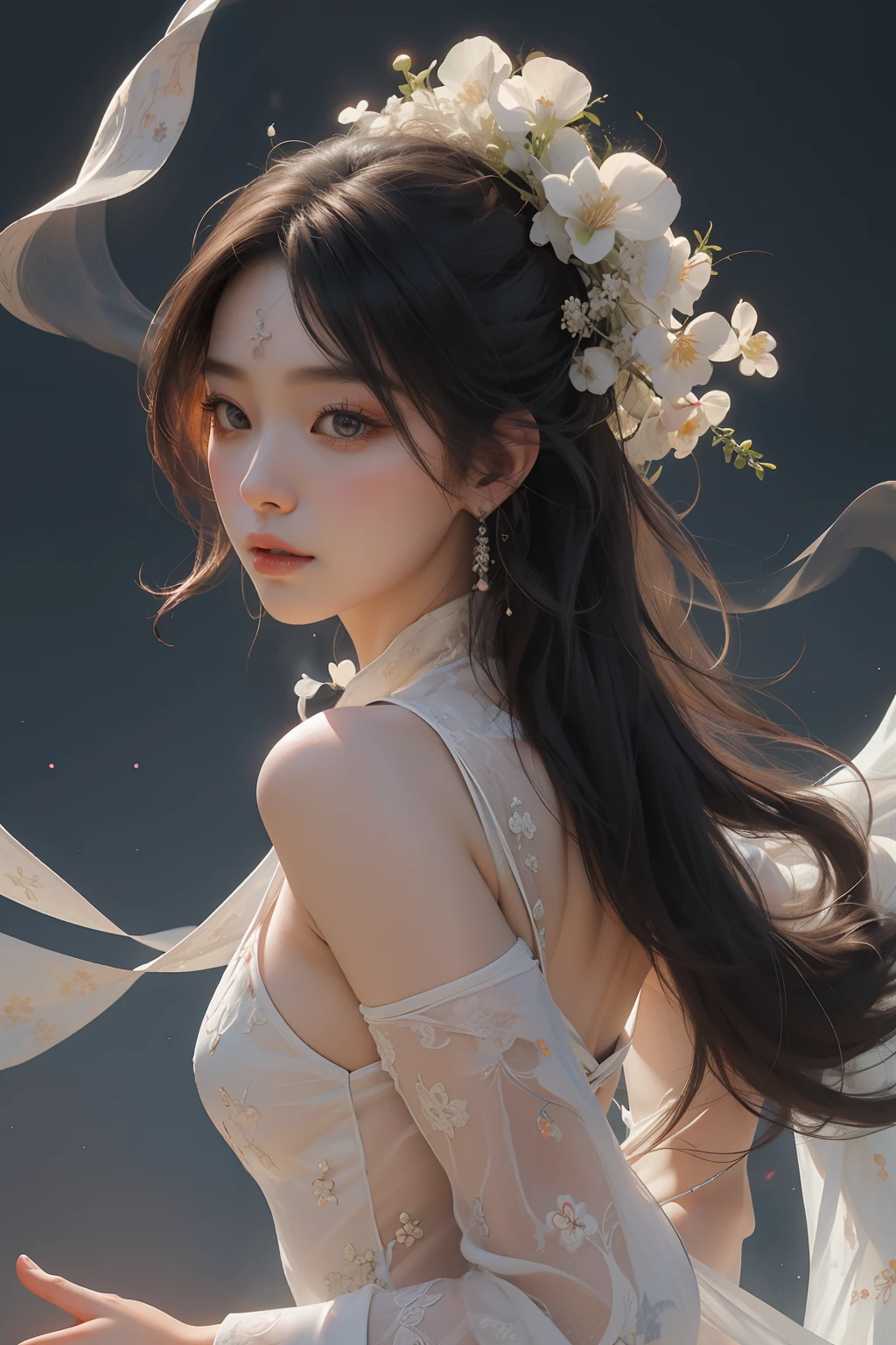 nsfw, zhongfenghua, 1girl, solo, hanfu, ancient_chinese_architecture, flower field, blossom, (white smoke:1.3) (photorealistic:1.4), zentangle, mandala, entangle, official art, unity 8k wallpaper, ultra detailed, beautiful and aesthetic, masterpiece,best quality, (dynamic angle:1.4), glowing skin, (floating colorful sparkles:1) the most beautiful form of chaos, elegant, a brutalist designed, vivid colours, romanticism depth of field exotic_dance, half_naked