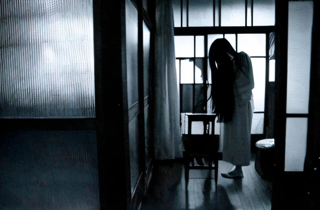 There was a woman standing in a dark room with a window, Japanese horror, japanese horror movie footage, portrait of sadako of the ring, film still from horror movie, horror movie scene, grudge, film still from horror movie, psychological horror movie still, horror photo, horror film still, still from live action movie, horror movie still