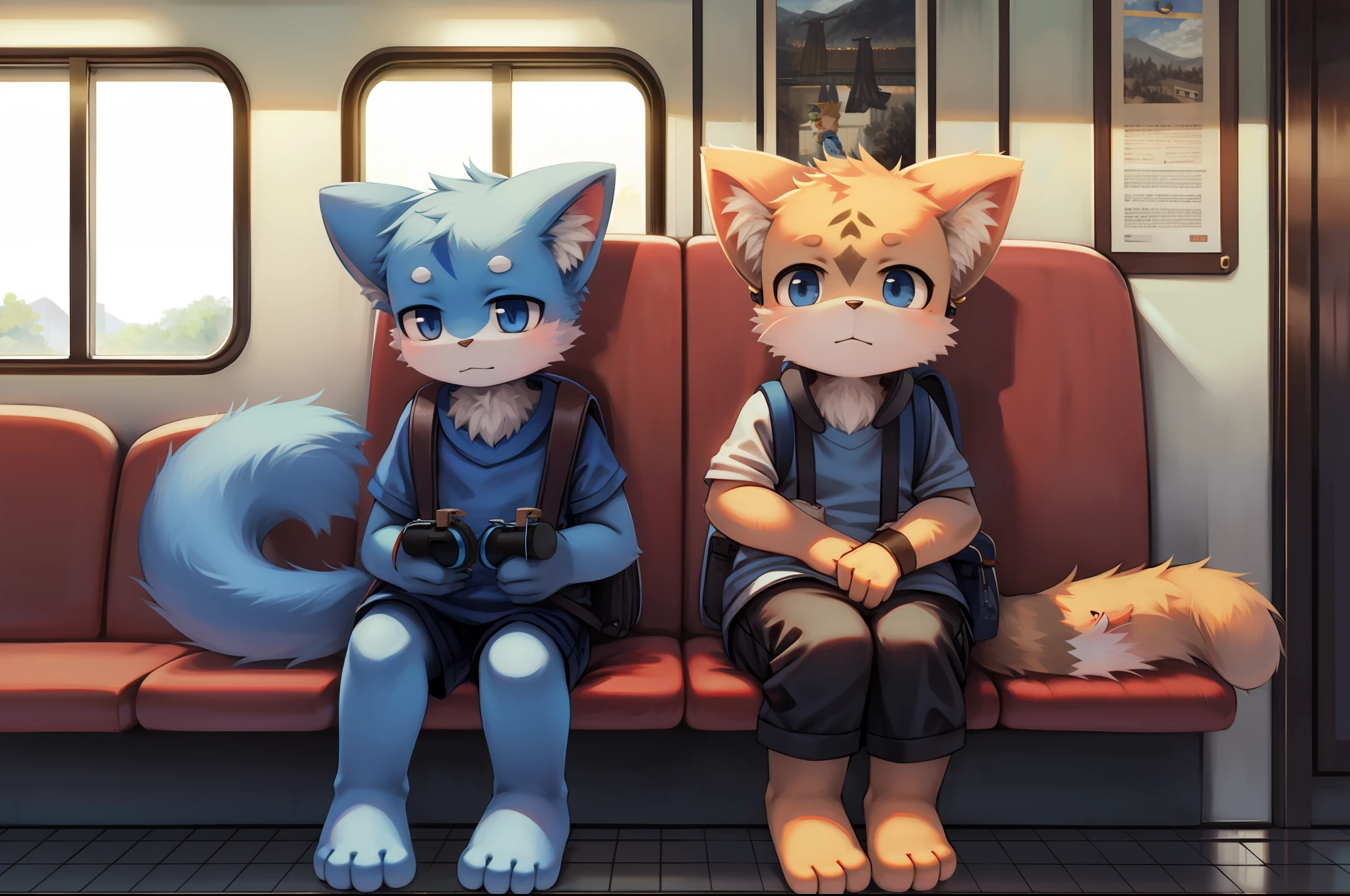 neko13, masterpiece, high quality, duo, furry boy.cub, blue fur, streaked fur, sitting by the train window, gazing outside, indoor, train car, young, curious, daydreaming, backpack, headphones, passing scenery