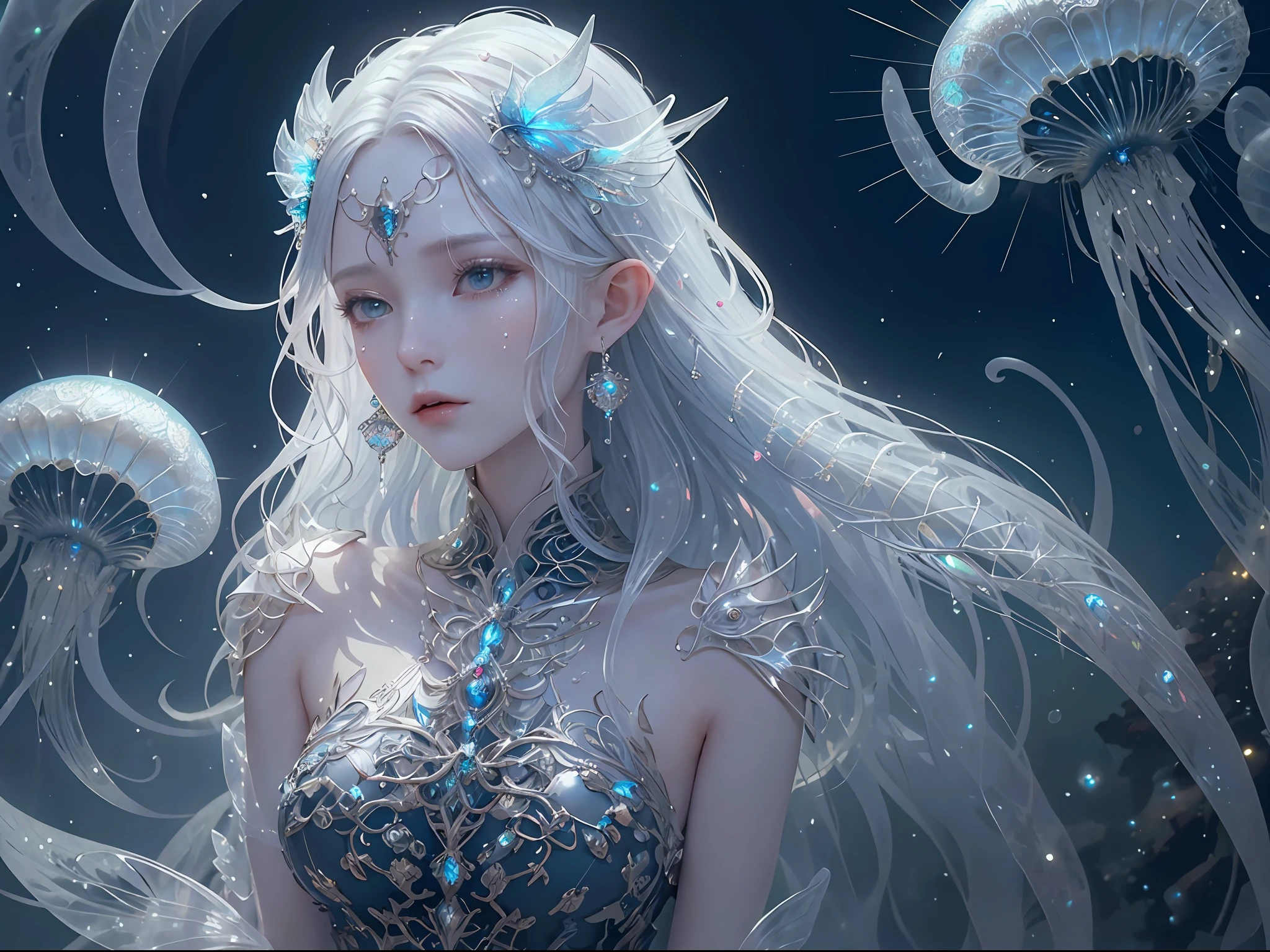 Masterpiece, High Quality, Ocean Forest, City, Fantastic Fantasy, Glowing Plants, Coral Viaduct, (Swarm of Glowing Jellyfish), (Shoal of Fish with Transparent Wings Flying in the Sky), Misty, Extreme Detail, Morning Light, Epic Composition, (Intricate Detail), (Intricate Design, Ultra Detail: 1.2), Art Station, (Masterpiece, Best Quality), Ultra HD, 32k ,castle,1girl