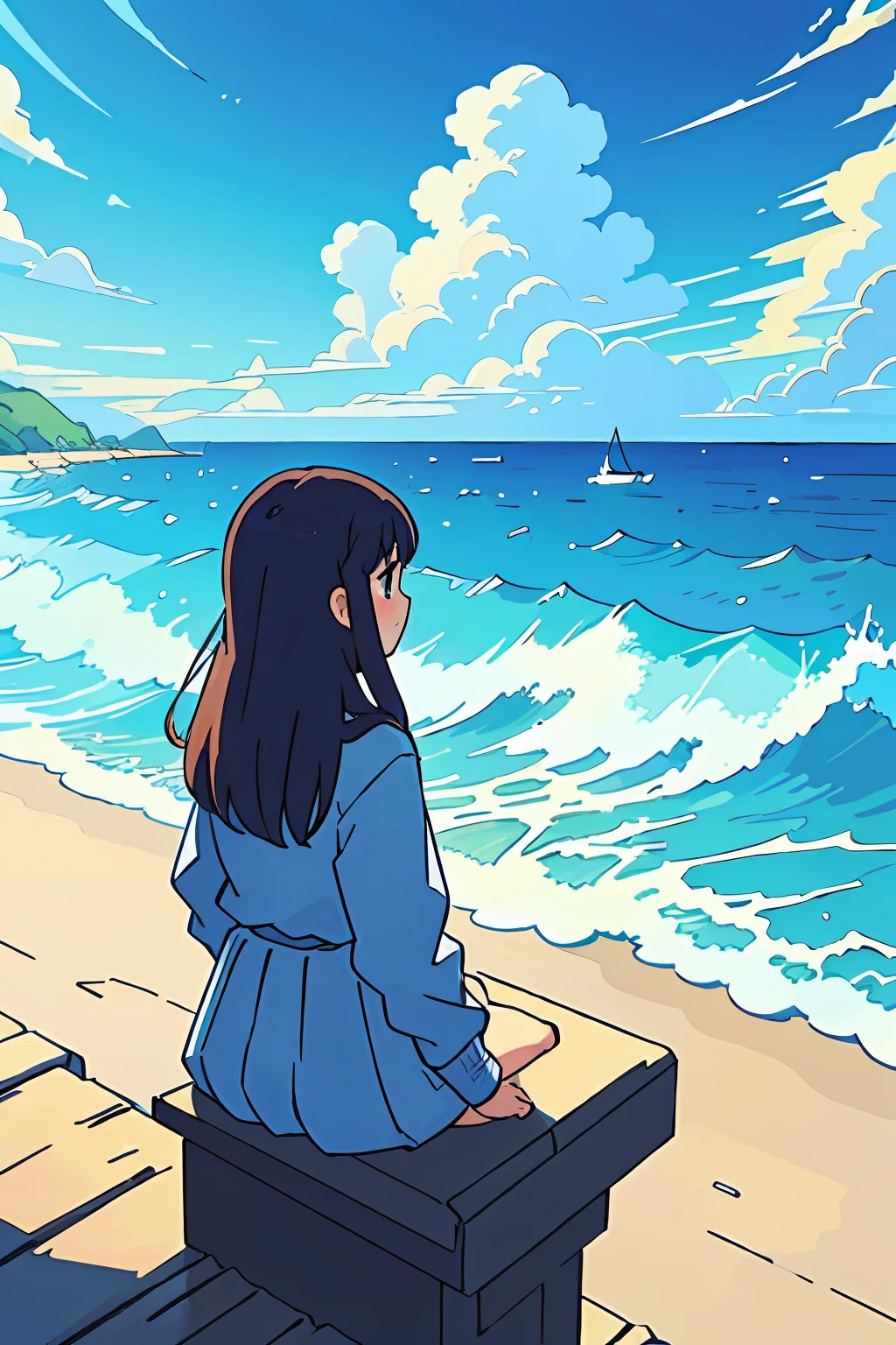 (top-quality:0.8)、(top-quality:0.8)、perfect anime illustration、Girl staring at the sea、Beautiful Landscapes