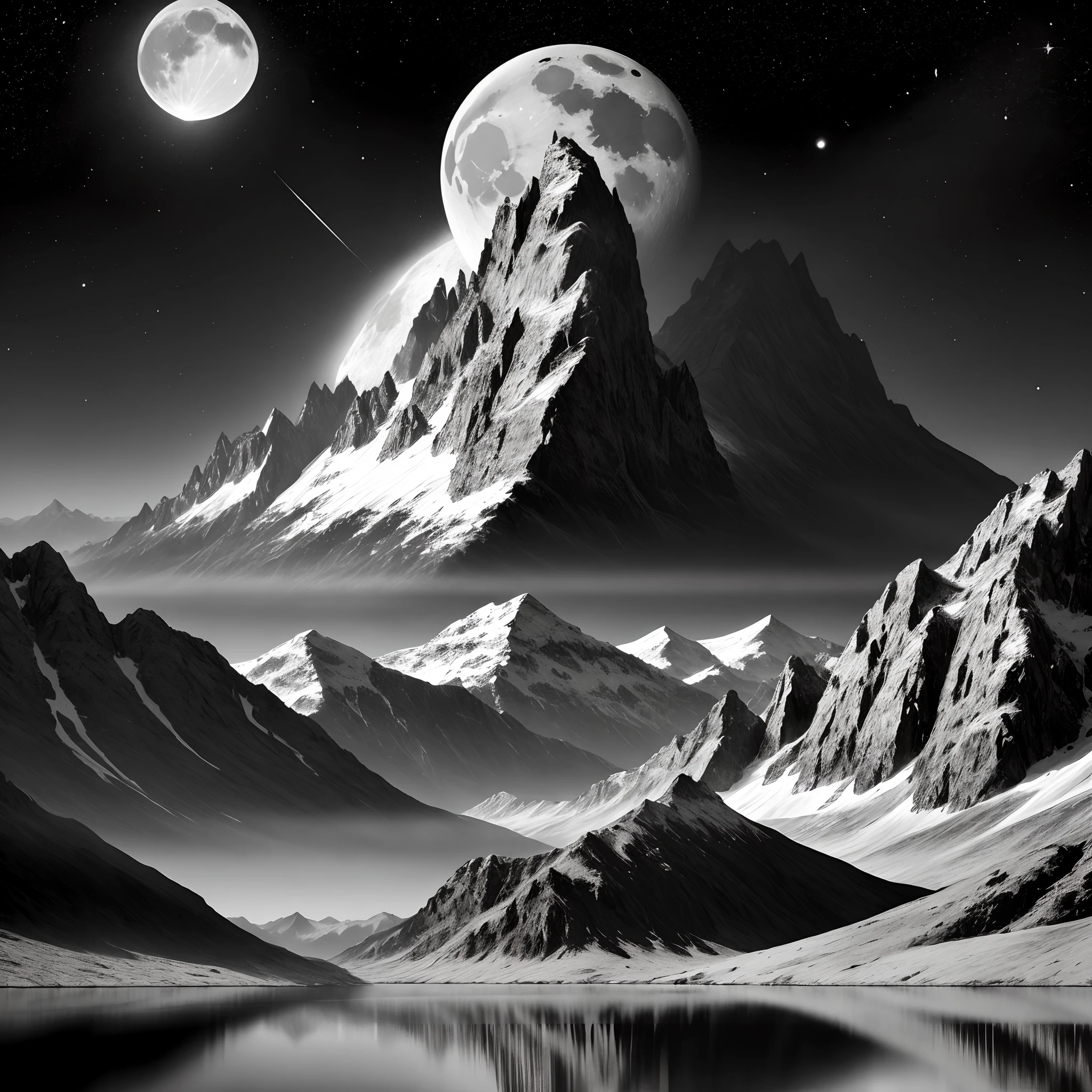 A black and white world，lake，themoon，As estrelas，Mountains