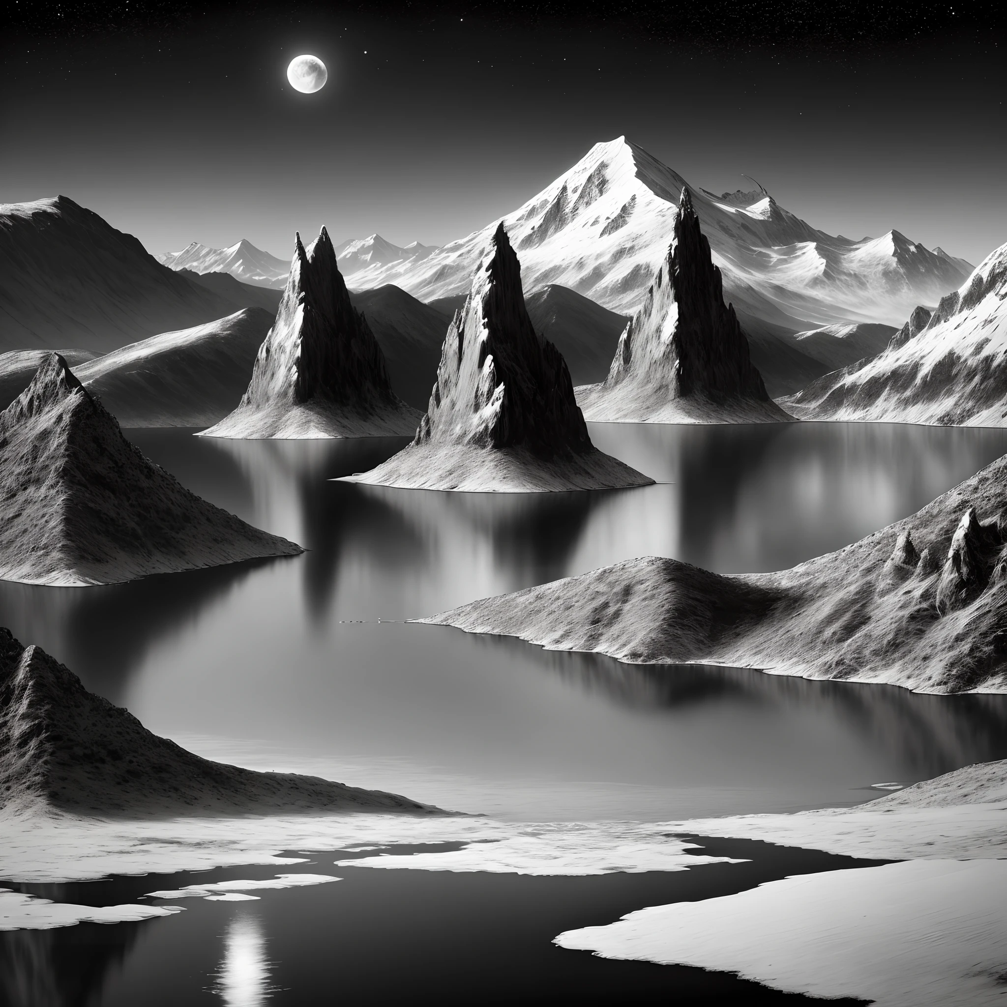 A black and white world,lake,themoon,As estrelas,Mountains