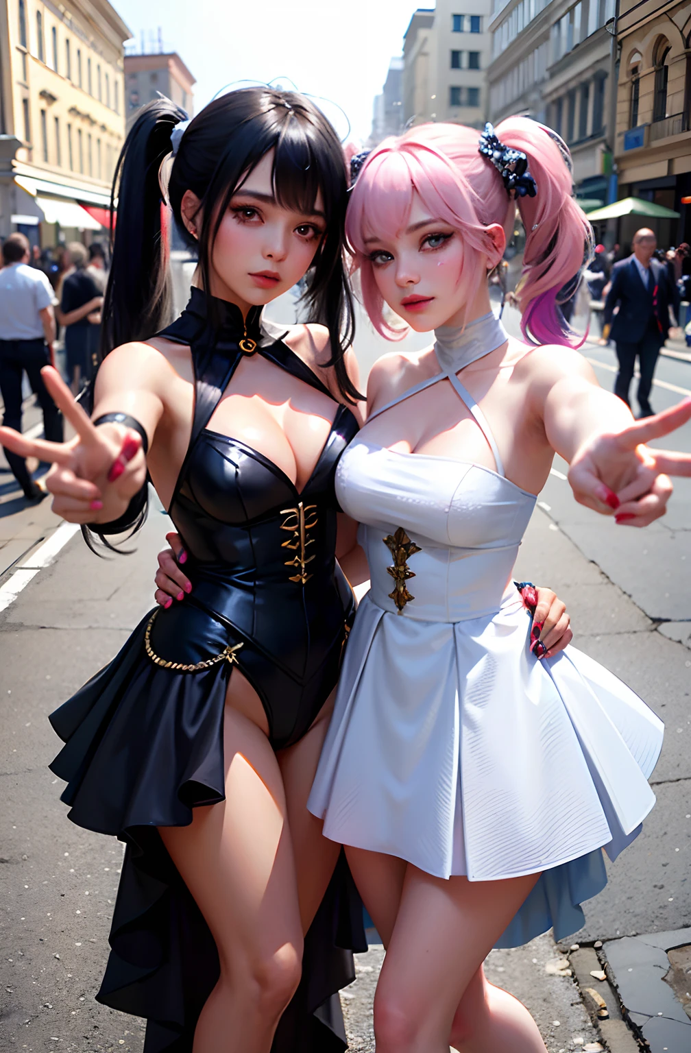 shukezouma, rendering by octane, hdr, (ultra - detailed:1.15), (Soft light, Sharp:1.2), (((duo,Two women in costume take selfies on the street,colorful pigtail, anime cosplaying,))),Beautiful girl, hyper detail eyes, mature, Painting drops, paint teardrops, woman made up from paint, entirely paint, splat, Splash, Long colored hair,paint bulb,paint drops, Exposed shoulders, Tears,shoulders are visible, Thighs exposed, seminude, focus onface, Beautiful face, eye shadows, Dark circle contour, russian face, Russian girl, mascara, Beautiful, 18yr old