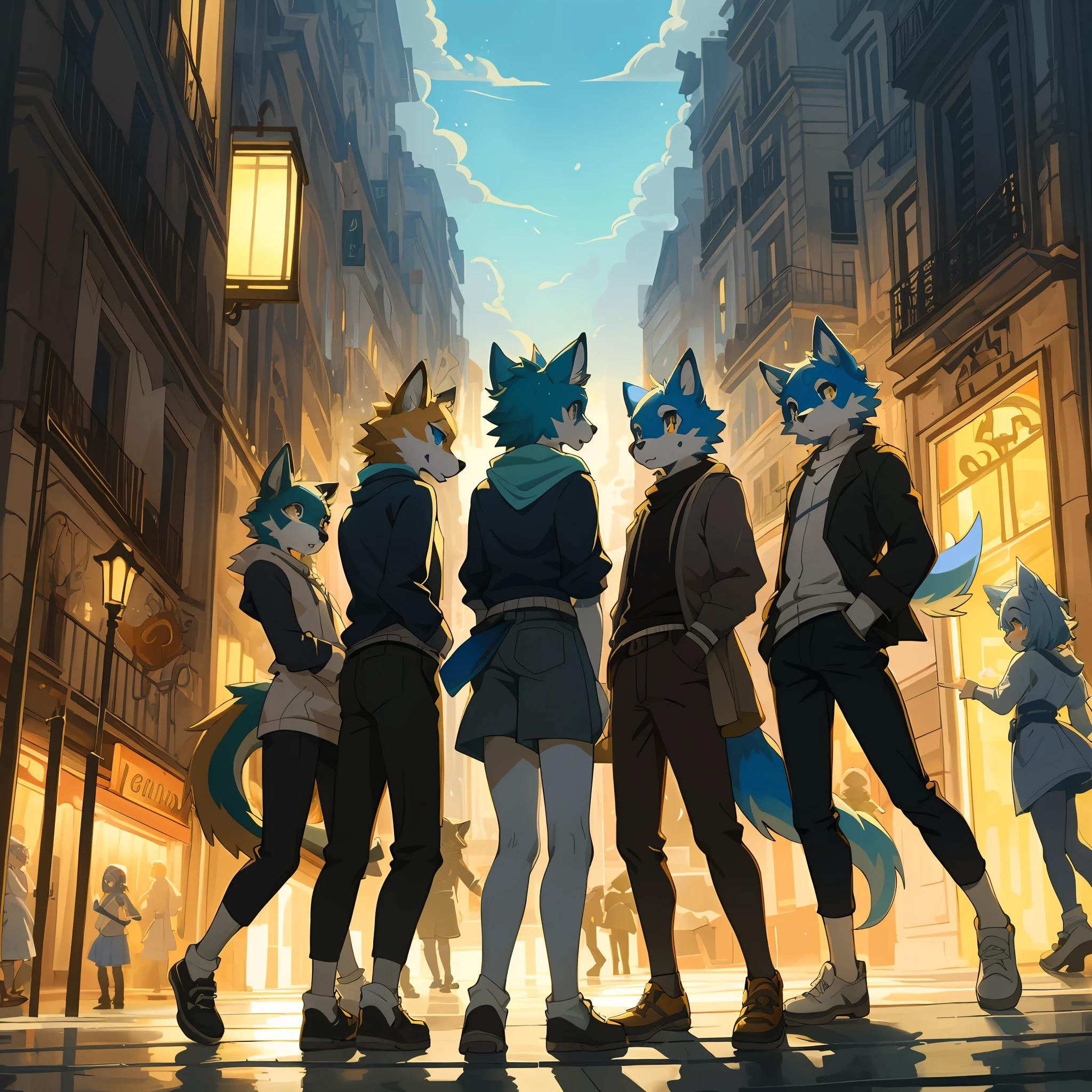 top quality, best quality, High-quality illustrations, masterpiece, super high resolution, detailed background, Streets of Paris, The fountain, 6+boys, 6+girls, absurdres(highly detailed beautiful face and eyes)perfect anatomy, expression, good lighting, cinematic shadow(kemono, furry anthro)assorted poses, dynamic angle,
