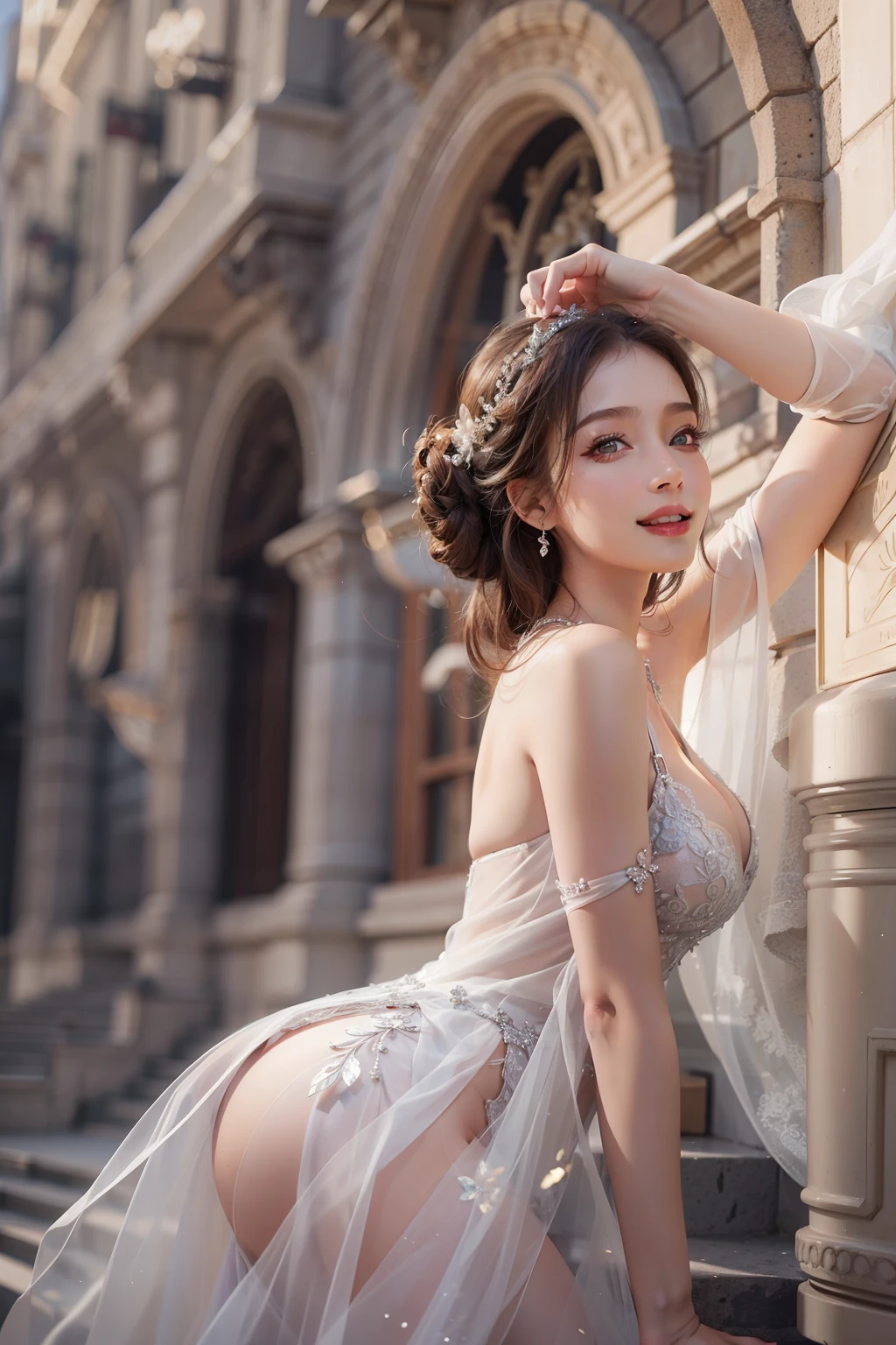 (masterpiece), (best quality), 8k resolution, 1girl, beautiful girl, stunning beauty, mature female, 30yo, perfect body, princess dress, low-cut dress, sexy, smile