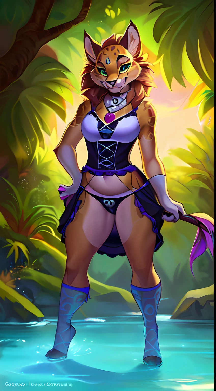 subido el e621, por Pixelsketcher, por Bayard Wu, por Thomas Benjamin Kennington , por Einshelm, (realista:1.2), Jade el lince, Linx, hembra, Anthro peludo, Orejas de gato, nariz rosada, (Detailed clear aquatic eyes:1.3),  colmillos, beige brown hair, (Flecos largos:1.5), Cola de caballo, Cuerpo bronceado claro, Cara intrincadamente detallada, tuft of skin from the neck, (tomboy), (Correa de cuchillo para muslos:1.4), (Chibi:0.8), vida real, ((retrato)), De pie seductoramente, dynamic  pose, (Cola corta de lince:1.4), (detailed lighting by Bonifasko), (pelaje esponjoso), (Piel detallada), (Piel detallada), dedo del pie de camello, (sonrisa afectada:1.1), cinematic lighting, ((Antecedentes detallados del bosque, cascada, Colinas, tree)), oasis, Hermoso lago, Vista gran angular, (sombra de medio cuerpo:1.3), [Contre-Jour], [[rayo crepuscular]], bare belly, belly discovered, navel, semi covered ass, [luz ambiental detallada], [gray natural lighting], [luz ambiental en el vientre], (Mayor detalle salvaje de la vida silvestre), Al aire libre, vista al mar y playa, [proporciones realistas], [foco nítido], (sombreado), ((obra maestra)), (((((wearing a sexy cropped black maid dress with laced floral print and striped socks, very sexy cropped black maid dress and striped socks, sexy black cropped maid dress and striped socks, short black maid dress, striped socks, sexy striped socks))))), Rear view, Looking back at the viewer, showing her ass