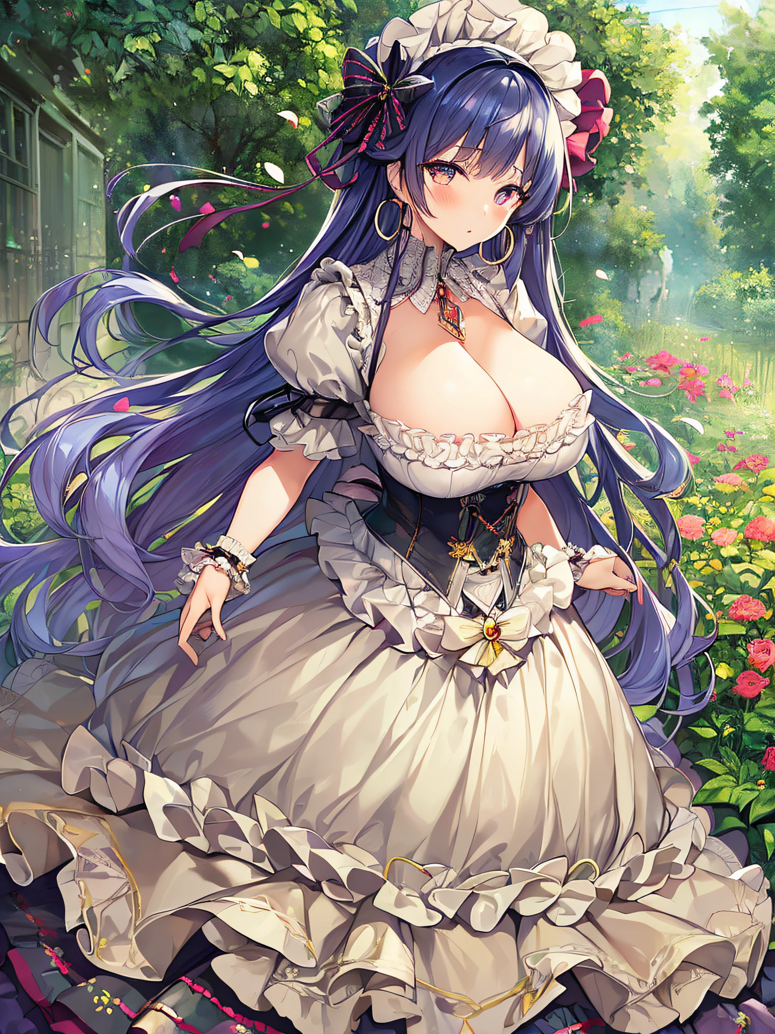 ((anime artstyle)),(Masterpiece),(Best Quality), (Super Detail),((Very Delicate and Beautiful)),(((Solo))),((full body)),(((1 princess in fancy ta dress with voluminous full length hoop skirt))),((standing in garden)),Long train,(bling-bling gorgeous gemstone jewelry),detailed face and eyes,jewel-like eyes,cry,((large amount of straight hair,extremely voluminous Very Long Straight Hair)),(gorgeousfull embroidery and lace),((gigantic tits,Long tits)),cleavage,gorgeous corsage,See-through,((extremely gorgeousfull loliair ornament)),bling-bling extremely gorgeousfull jeweled tiara,ornate ruffles,beautiful embroidery,(hoop skirt,crinoline),flowers, flower petals flowing,((Dynamic Angle)),Looking at viewer,((full body)),sweet lolita d with voluminous full length hoop skirt