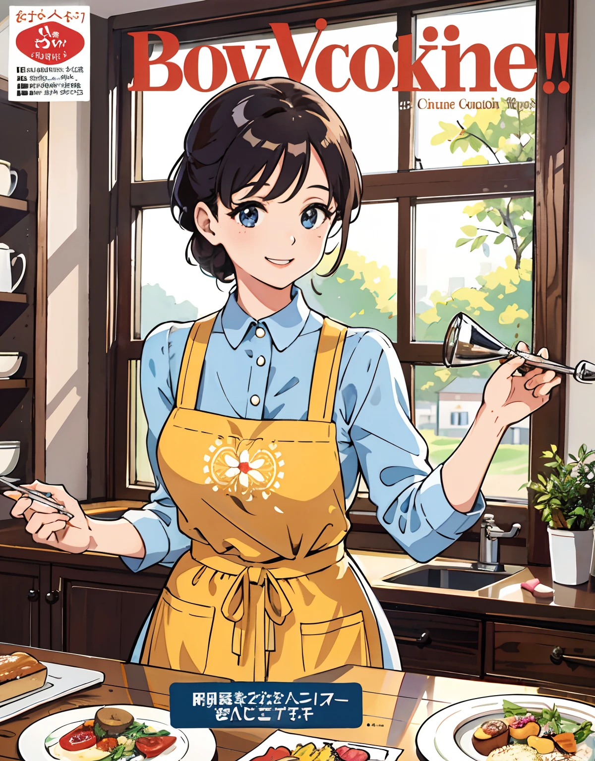 (Best Quality, Masterpiece), Women's Culinary Magazine Cover, 1girl, aged 40, Amazing, adolable, A heartwarming smile, Hourglass figure, Wear floral dresses, aprons, delicacies, charactor, schematics, ads, magazine title
