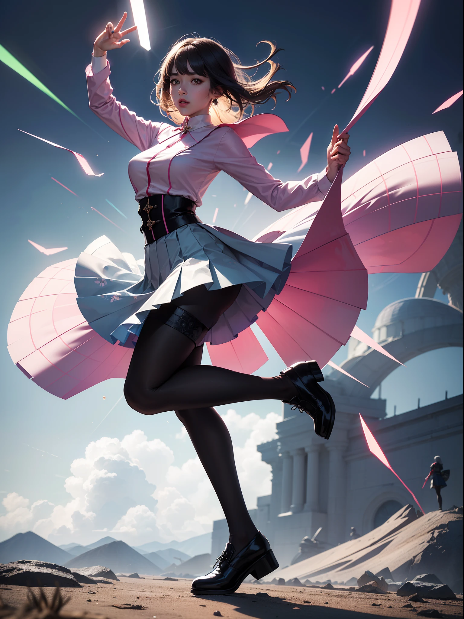 (full body:1.5),(1girl:1.3),(looking at viewer:1.4),(anatomy correct:1.3),(In the paradise of the day:1.3),(European knight style,Wearing Very thick Printed Pantyhose and JK Student Dress Printed Pleated Skirt and JK uniform leather shoes,and a large amount of jewellery :1.3), (A high jump posture:1.3),(In pink|amarelo|blue colors|green color|red colour|white colors|black in color|purpleish color|greys|Beige|Flesh color 1.4),,(Accurate and perfect face:1.4),(Clothing Gloss:1.25),(Skin reflection:1.25),hyper HD, Ray traching, reflective light,structurally correct, Award-Awarded, high detal, lightand shade contrast, Face lighting,cinmatic lighting, tmasterpiece, super detailing, high high quality, high detal, best qualityer, 16k,high contrast,
