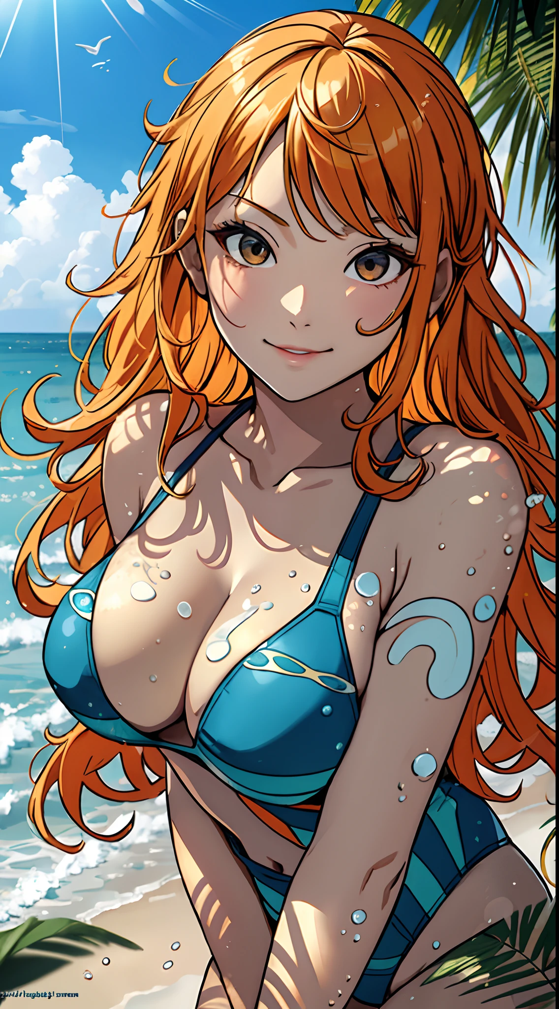 tmasterpiece， hoang lap ，（Complicated details），(Golden hair) Orange hair，（rich colourful）， cinmatic lighting， Bust， the Extremely Detailed CG Unity 8K Wallpapers，(swim wears:1.5) ， 1girll， Large breasts，cleavage，独奏， rays of sunshine，Be red in the face，ssmile，looks into camera，Close-up shot，sea beach，​​clouds，sandbeach，Greenery