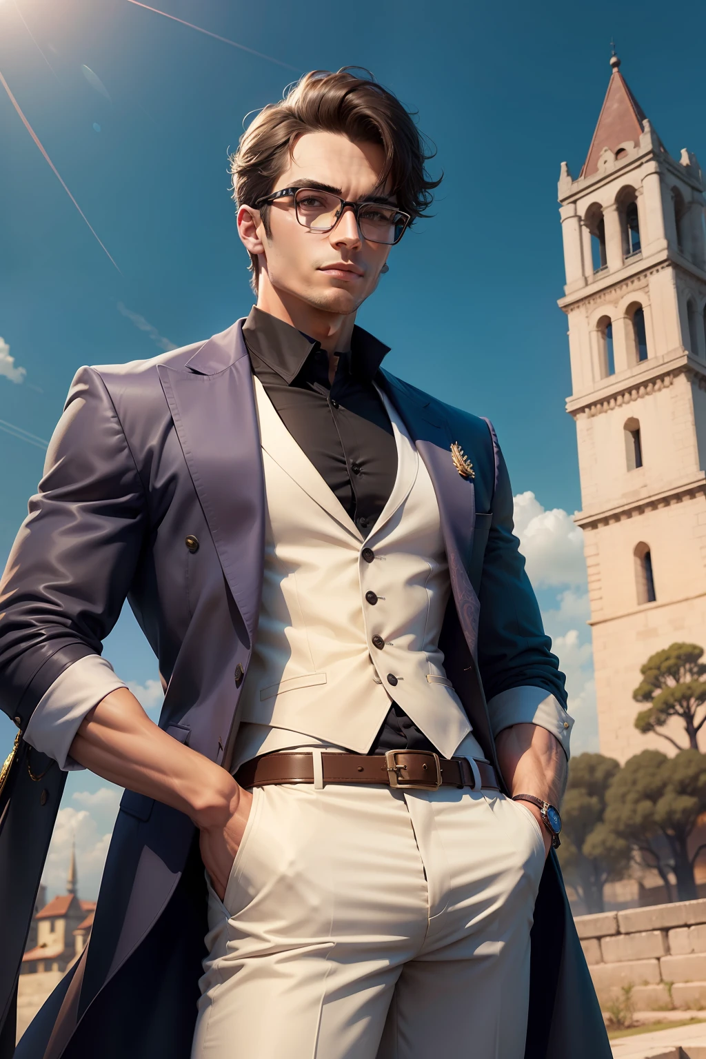 "Handsome male wearing fashion glasses,Stand under a clear sky,The ancient bell tower stands proudly"