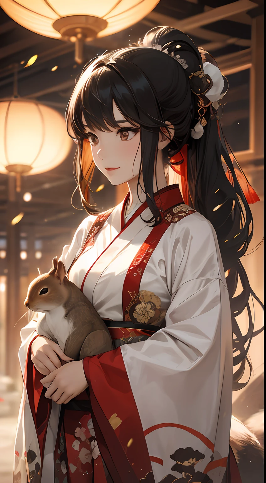 A woman has a squirrel in her arms,Gorgeous light gauze hanfu,Happy emoji,Separate bangs,Raise an eyebrow,Ponytail hairstyle,dynamic blur,Detailed representation,,Ray traching,brightly,8K