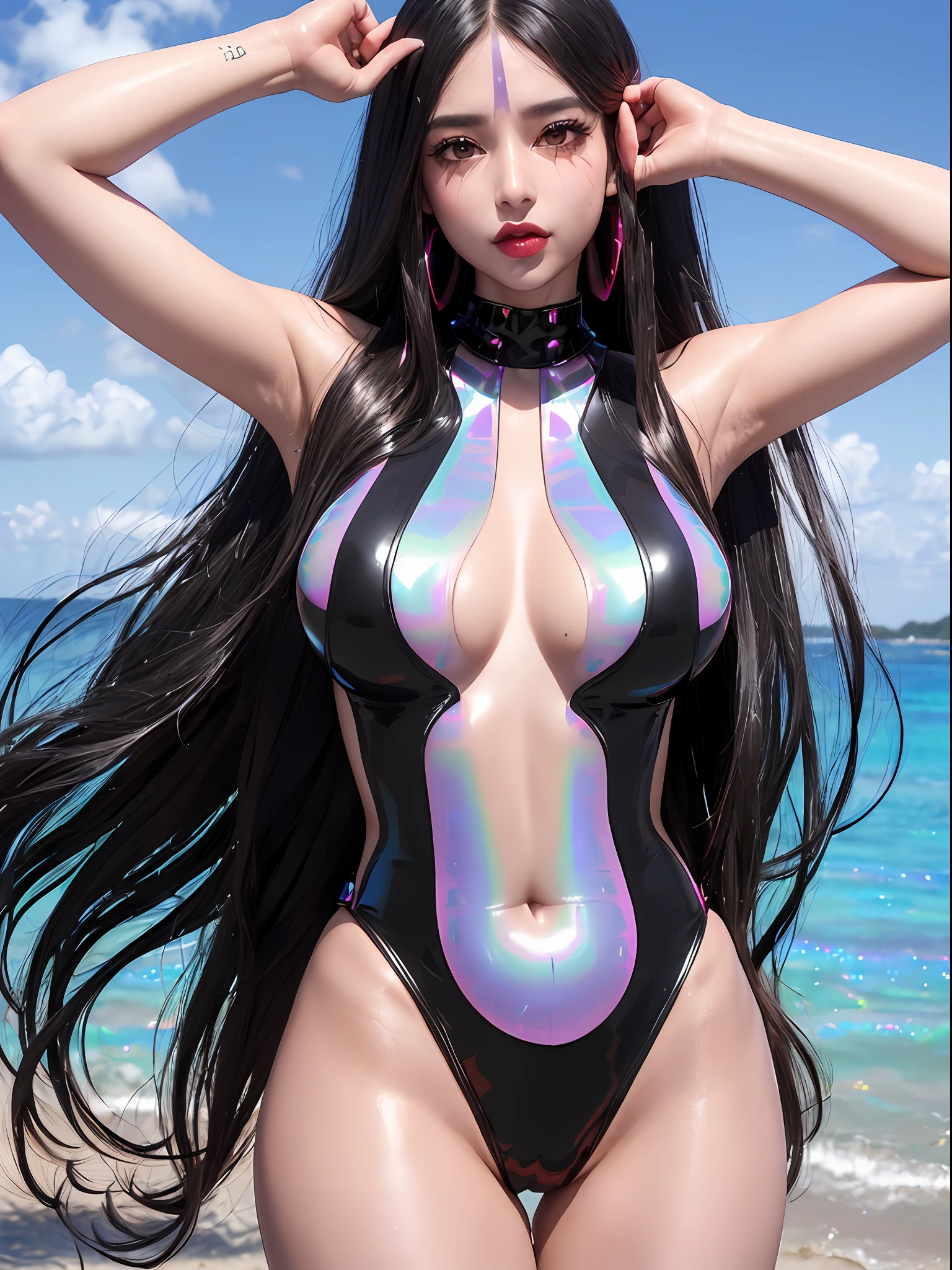 RAW, 1girl, colorful, (masterpiece, best quality), cowboy shot,
(detailed skin:1.3, detailed face:1.3), dslr, realistic, waving, looking at viewer,
sharp focus, delicate, (korean beauty, korean mixed:1.2),
(Glossy skin + Shiny skin:1.4), (sweaty:1.1),
(big breasts:1.2, thick thighs:1.1, narrow :1.1),
(black_hair, long hair, straight hair:1.3), (big_eyes, brown_eyes), red_eyeshadow, long_eyelashes, red lips,
eyes_smile, stud earrings,
(holographic iridescent metallic black latex swimsuit:1.4),
beach, day, (sunlight_on_front_face:1.3),
