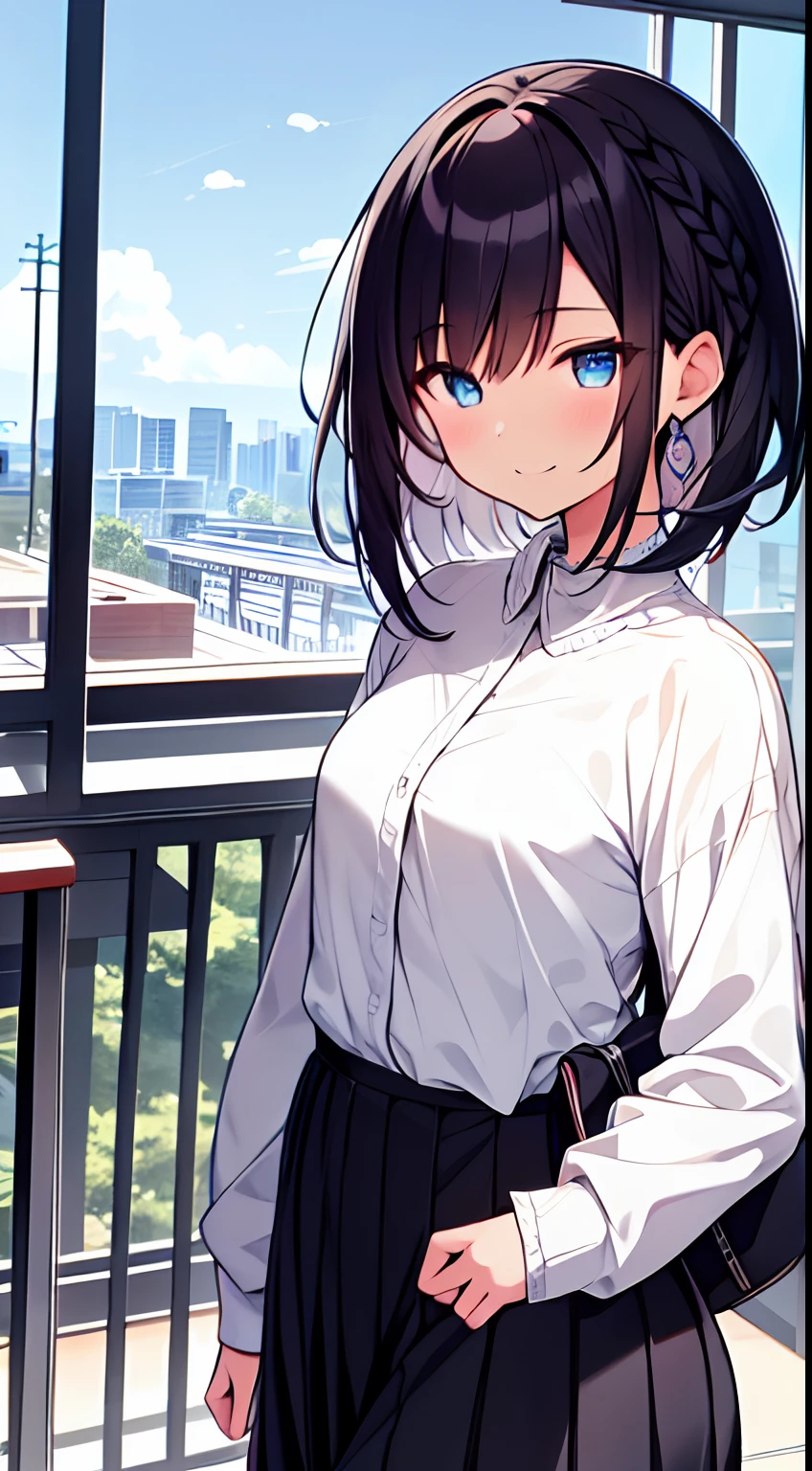 masutepiece, Best Quality,Illustration, Wallpaper, Ultra Detail, 1girl in,Solo,Beautiful detailed eyes,Very thick contour lines、Medium Short-Cut Hair、Short, Braided hair、(student clothes)、Dark hair color、A smile、Walking next door、Kamimei、Overlooking angle:1.2、small head