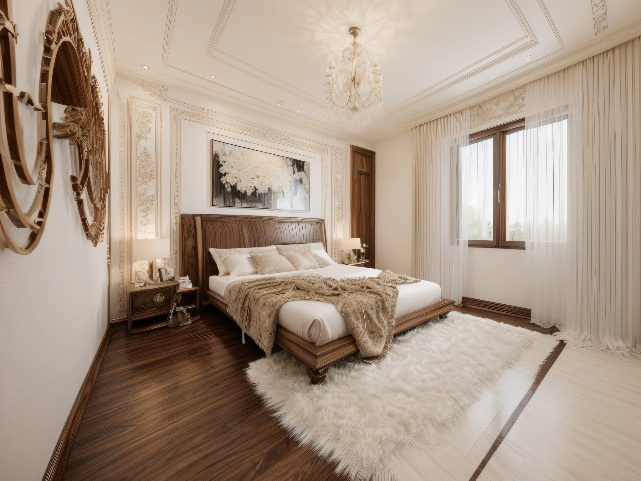 RAW photo,Masterpiece, high quality, best quality, authentic, super detail, interior, bedroom ,walnut wood,curtain,glass window,fur carpet,art on wall,  modern style,,(white wall:1.1), (high detailed :1.2), 8k uhd, dslr, beautiful light, high quality, film grain, Fujifilm XT3