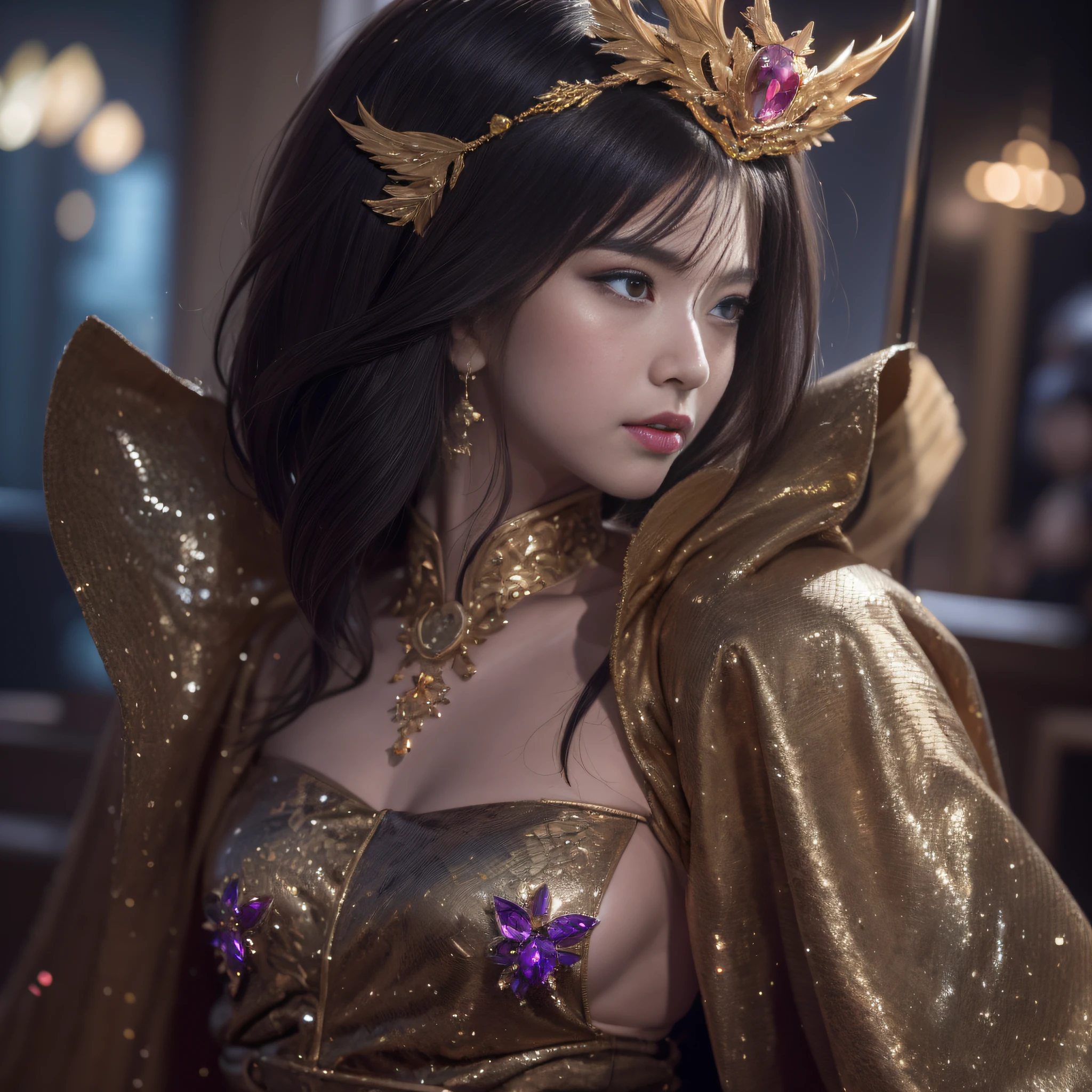 32K(tmasterpiece,k hd,hyper HD,16k)short detailed hair,Vintage train in the back room,Burgundian hair girl ,Two Golden Dragon Protectors (realisticlying:1.4),Python robe,Purple-pink tiara,Snowflakes fluttering,The background is pure, A high resolution, the detail, RAW photogr, Sharp Re, Nikon D850 Film Stock Photo by Jefferies Lee 4 Kodak Portra 400 Camera F1.6 shots, Rich colors, ultra-realistic vivid textures, Dramatic lighting, Unreal Engine Art Station Trend, cinestir 800,