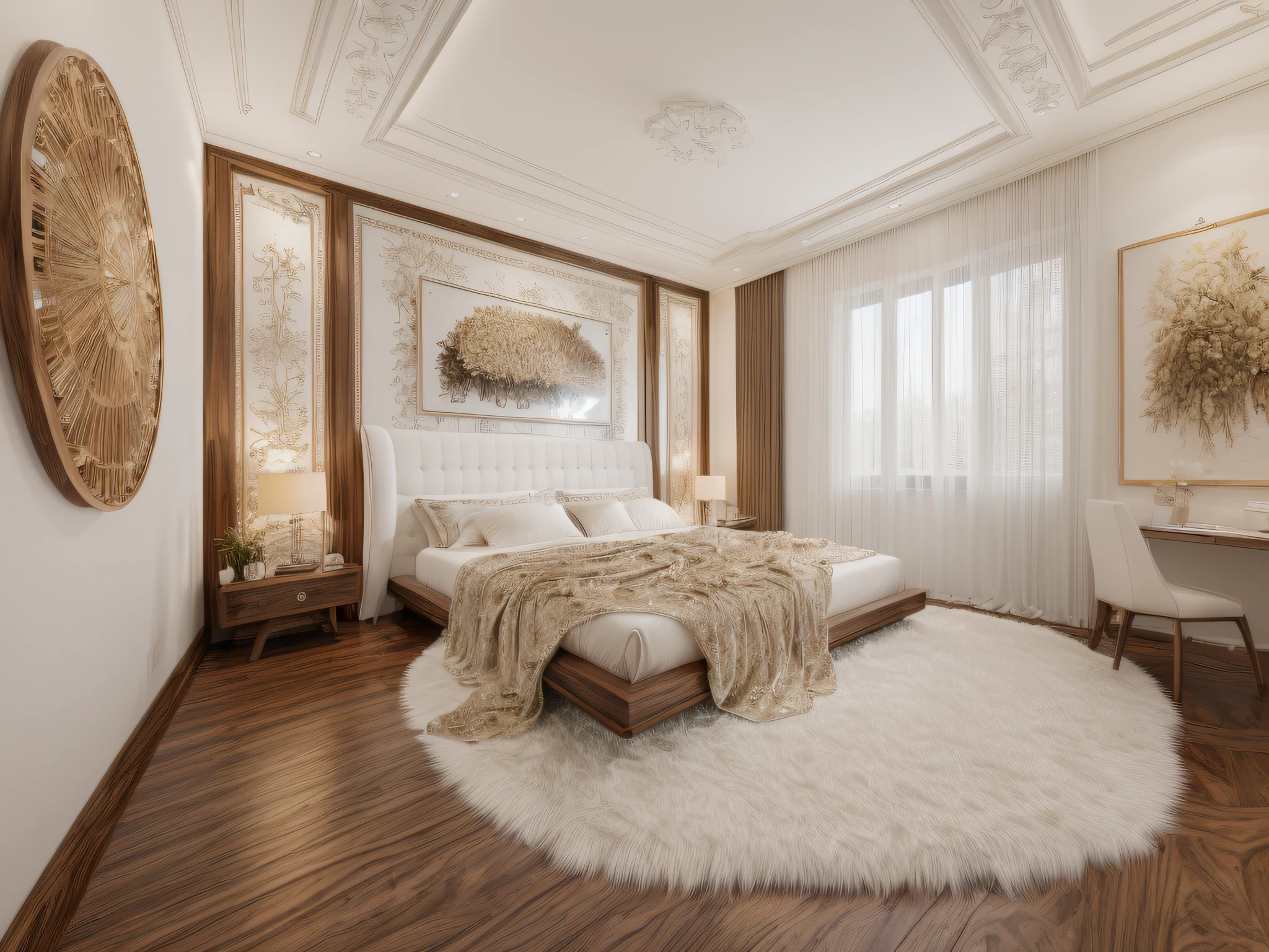 RAW photo,Masterpiece, high quality, best quality, authentic, super detail, interior, bedroom ,walnut wood,curtain,glass window,fur carpet,art on wall,  modern style,,(white wall:1.1), (high detailed :1.2), 8k uhd, dslr, beautiful light, high quality, film grain, Fujifilm XT3