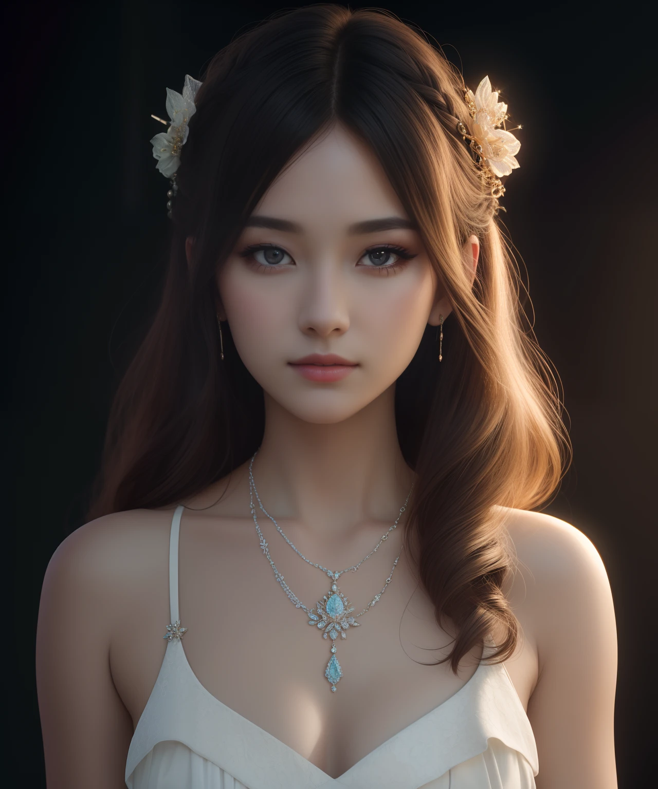 Best quality, masterpiece, high resolution, 1girl, porcelain dress, hair accessories, necklace, jewelry, beautiful face, on the body, Tyndall effect, realistic, dark studio, edge lighting, two-tone lighting, (high detail skin: 1.2), 8k UHD, dslr, soft light, high quality, volumetric light, candid, photo, high resolution, 4k, 8k, background blur,