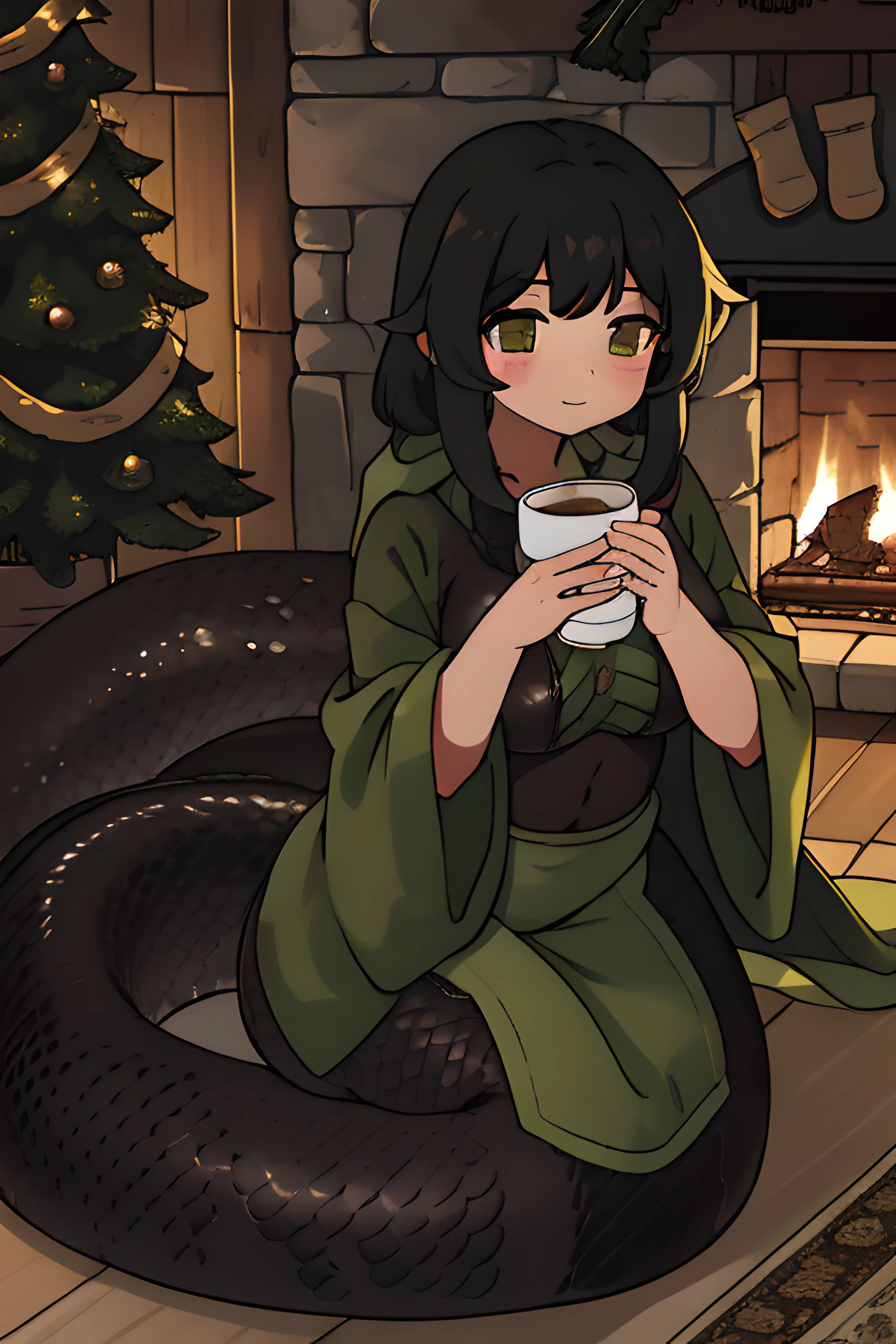 a lamia curled up next to a fireplace drinking hot chocolate, brown and green patterned tail, black hair, snug blanket covering her chest and hips, looking to the left of the camera, carpet on the wooden floor