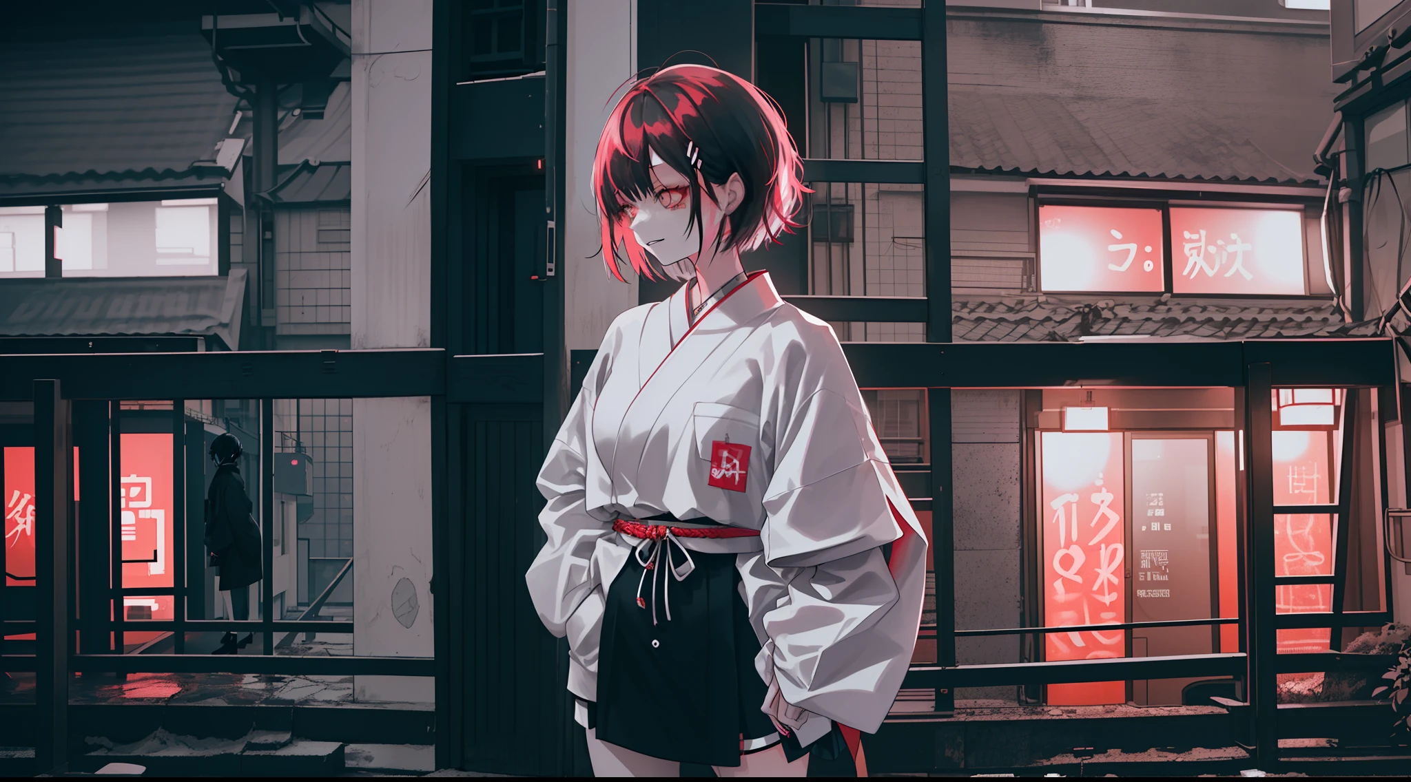 photoshoot girl at japan rooftop apartment during night, wear stylish, edgy and hypebeast outfit, with a warm expression on her face, full body photoshoot, hand in the pocket, wolfcut short hair, outfit color dominat white and black