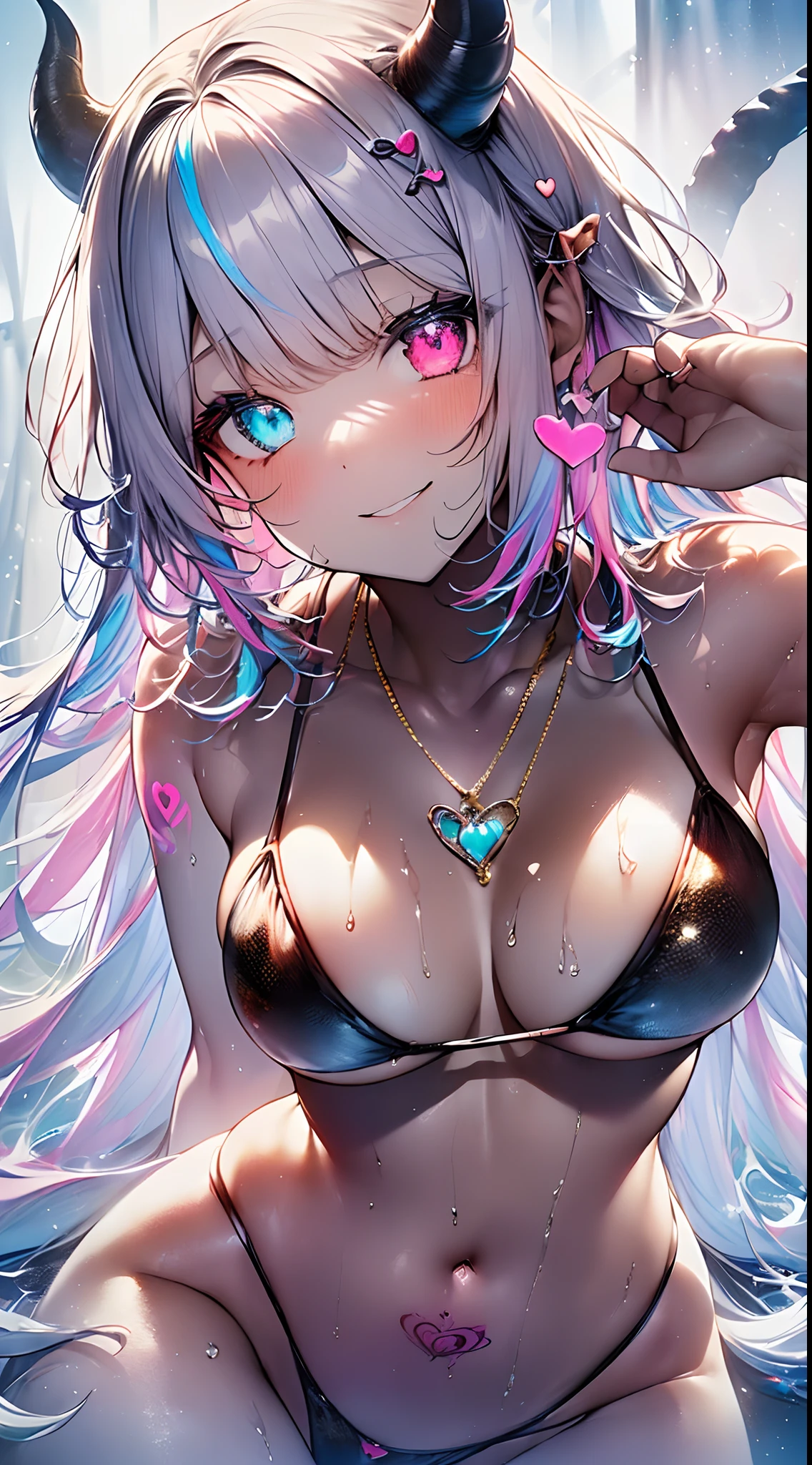 ((masutepiece, of the highest quality, Watercolor art (Pendants), Beautiful and aesthetic: 1.2)), (Golden ratio: 1.2), (Full body: 1.2), (Super Detail: 1.3), (1 girl: 1.3), (Fractal Art: 1.3), (Glitter Pupil)), patterns, (Iridescent hair, Colorful hair, Half light blue and half pink hair: 1.2)), Colorful, Writing, (Heterochromia), (Colorful: 1.5), (((Shy face)), ((Micro Bikini)), (full body Esbian), (Hyper-detailing), ((delicate detail)), (intricate-detail), ((Cinematic Light, Highest quality backlight)), High contrast, ((The best lighting, Very delicate and beautiful)), (( Cinematic Light)), (ray trace reflection, Glow), (((glowing aura)), ((Glowing hair)), ((Super Detail)), (8K)), ((a closeup)), ((Brown skin)), (Showering), ((Seductive smile)) ,((high angle full body shot)),((Demon Girl, demonic horns, demon tail, Devil's Wings, pube_The tattoo, Heart-shaped pupil))、((On the bet))、(black feathers on the back,,,,), Extend your left hand
