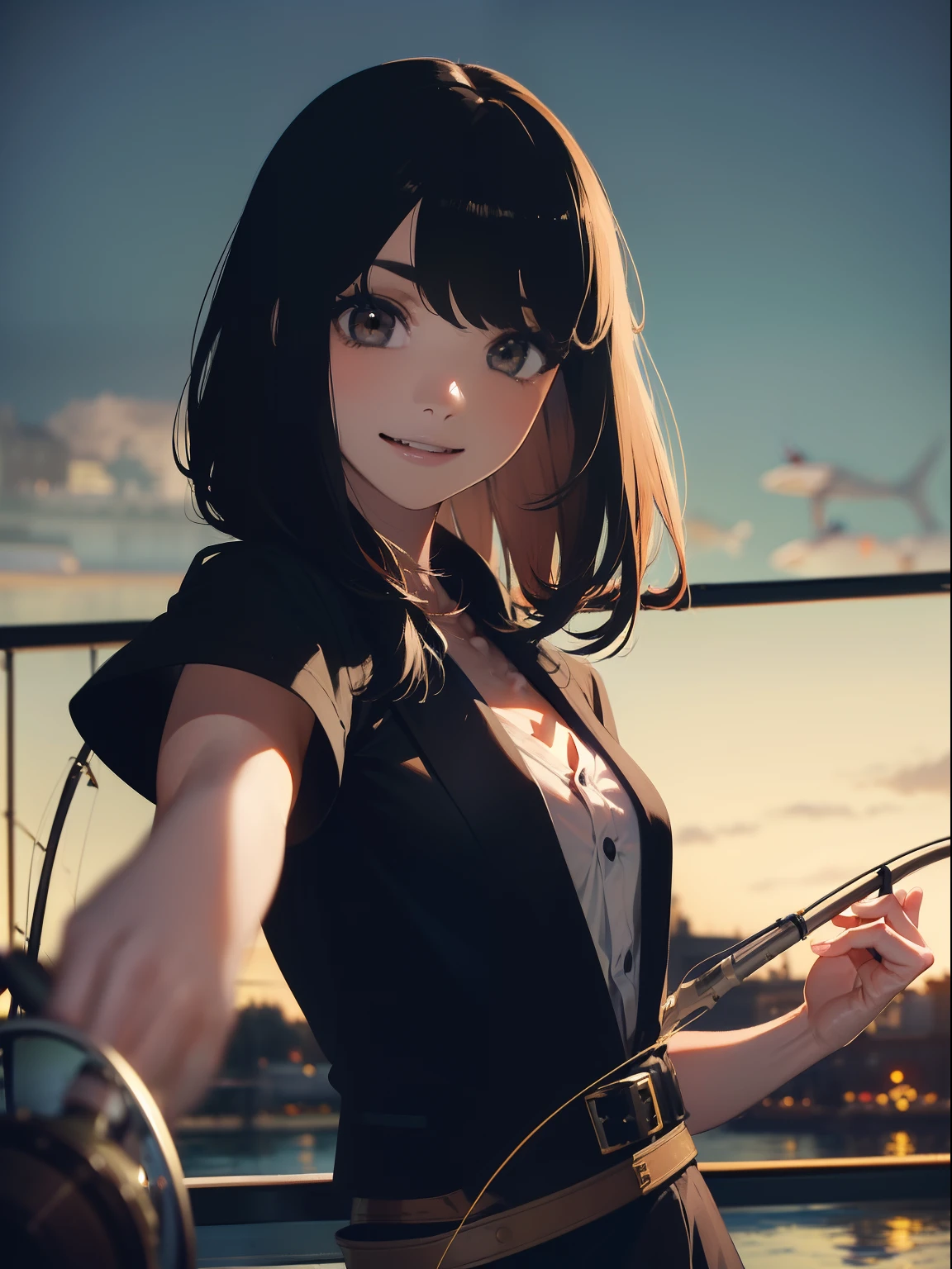 ((((Having a fishing rod with a reel by the lakeside)))),((Best Quality, masutepiece :1.3)),((( Large Mouth Bass))),hight resolution,ultra-detailliert,Beauty and aesthetics,masterpiece,best qualtiy,(1 Japanese woman),Black hair, long eyeslashes, Solid Circle Eyes, smile, drop shadow, Atmospheric perspective,Super Detail, ccurate, small brest,(Black jacket :1.1),top-quality, absurderes:1.2, blurry backround, bokeh dof:1.2, a picture, (masterpiece:1.3), (intricate detailes:1.2), Atmospheric perspective,Super Detail, ccurate,
