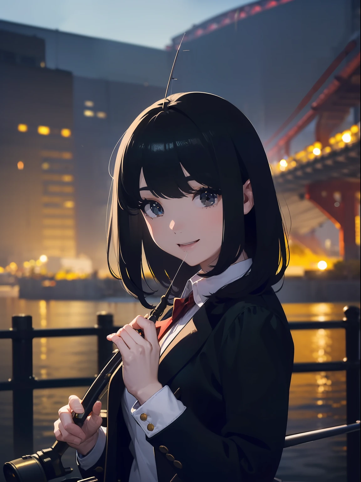 ((((Having a fishing rod with a reel by the lakeside)))),((Best Quality, masutepiece :1.3)),((( Large Mouth Bass))),hight resolution,ultra-detailliert,Beauty and aesthetics,masterpiece,best qualtiy,(1 Japanese woman),Black hair, long eyeslashes, Solid Circle Eyes, smile, drop shadow, Atmospheric perspective,Super Detail, ccurate, small brest,(Black jacket :1.1),top-quality, absurderes:1.2, blurry backround, bokeh dof:1.2, a picture, (masterpiece:1.3), (intricate detailes:1.2), Atmospheric perspective,Super Detail, ccurate,