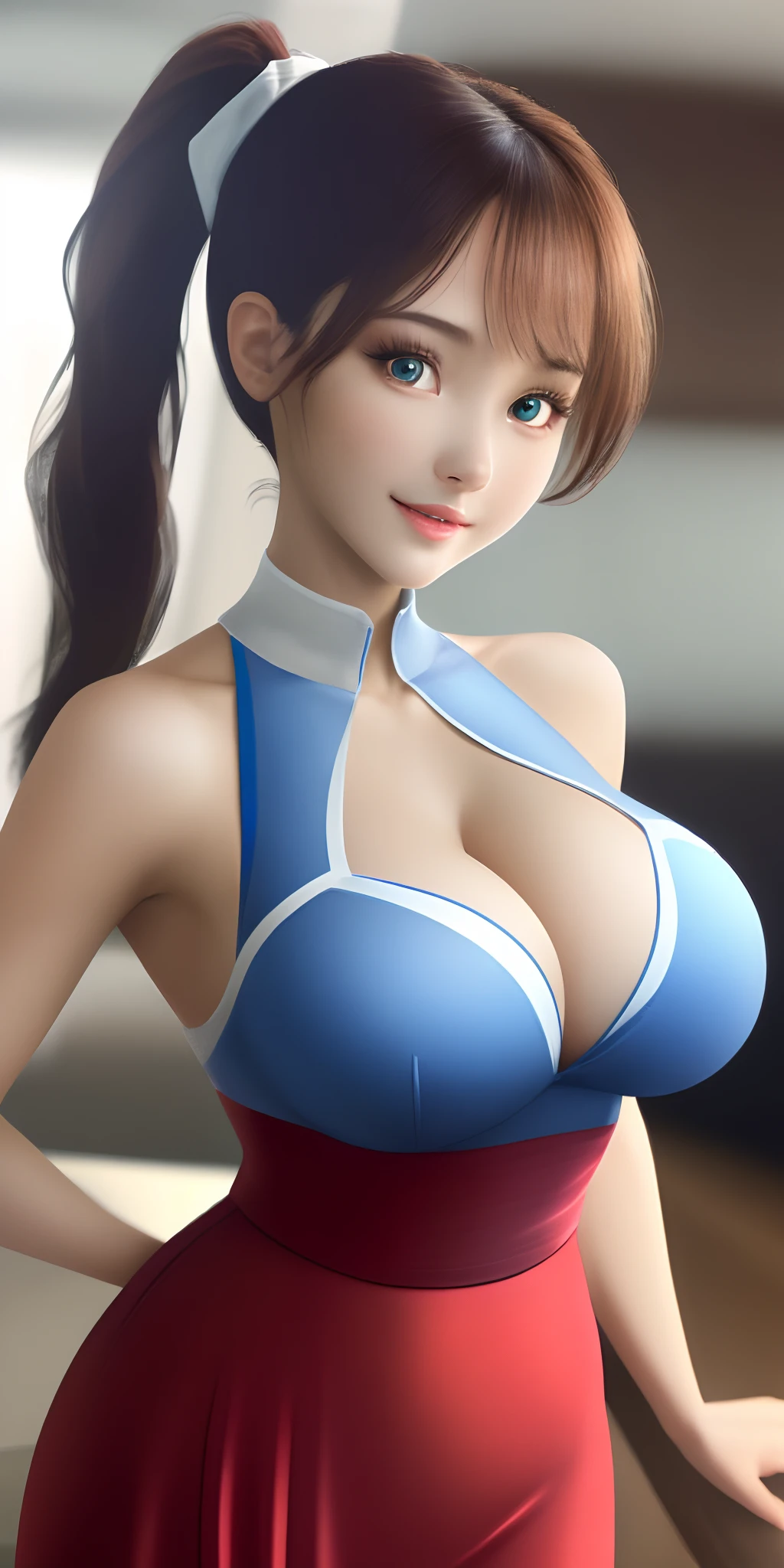 tmasterpiece,best qualtiy,(realisticlying,realisticlying:1.4),(RAW photos:1.2),Very detailed CG unity 8k wallpaper,very fine and beautiful,Amazing Cleavage,finely detailled,offcial art,absurderes,unbelievable Ridiculous,hugefilesize, ultra - detailed, The is very detailed, Nice detailed girl, very detailed eyes and faces, Beautiful detailed eyes, There is light on the face, 1girl, Long hair, ((pony tails)), solo, cute, looking at viewer, (perfect female figure) , big breasts thin waist, full bodyesbian, huge tit, nakeness