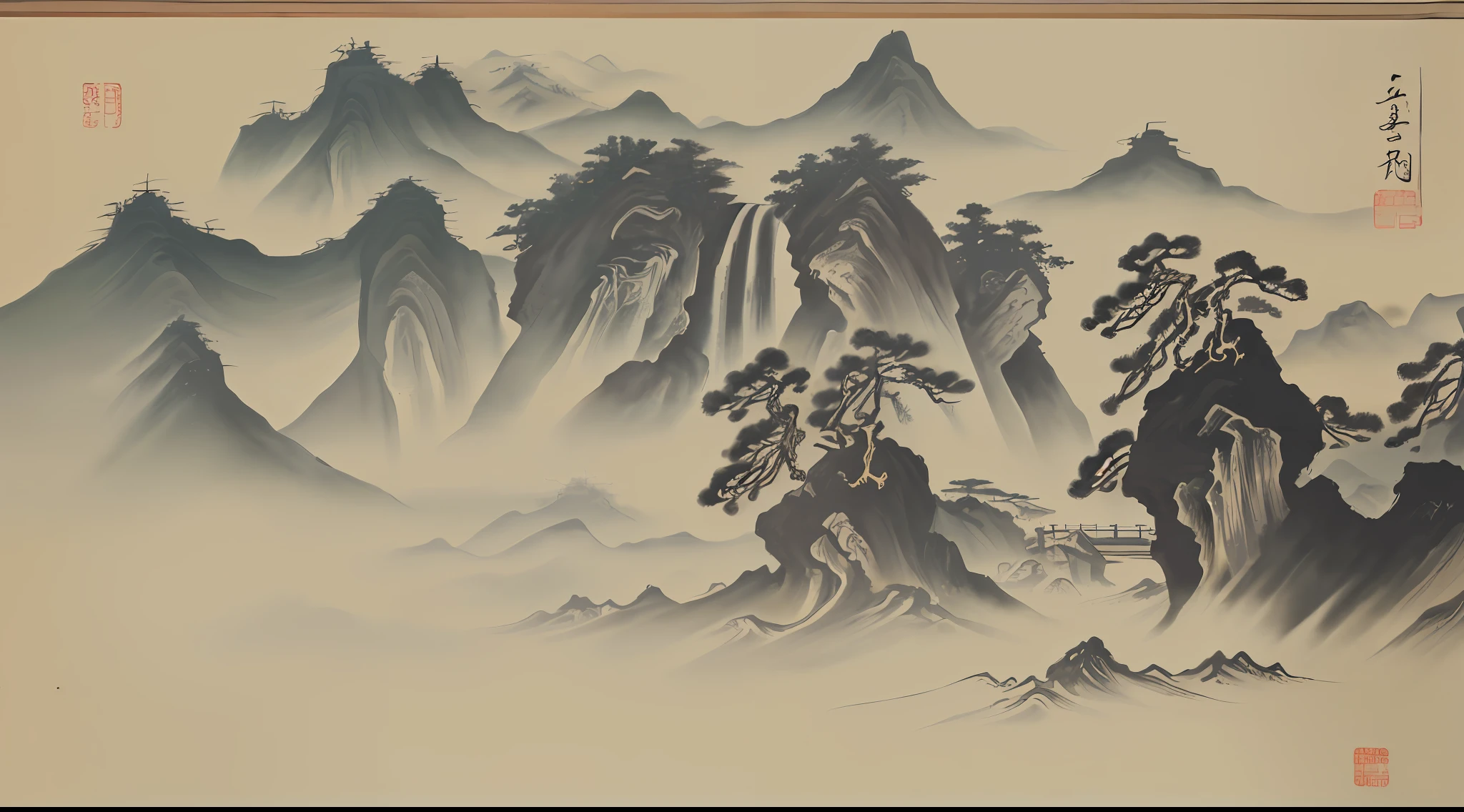 (Ultra detailed, High quality ,Best quality, High precision, delicate glow, hyper HD, 16k), (offcial art, Masterpiece, illustration), Chinese ink painting,Set against the backdrop of the national landscape, Clouds, Waterfalls, lakes, Mountains, pines, Clear line texture, handpainted, Meticulous, Master composition