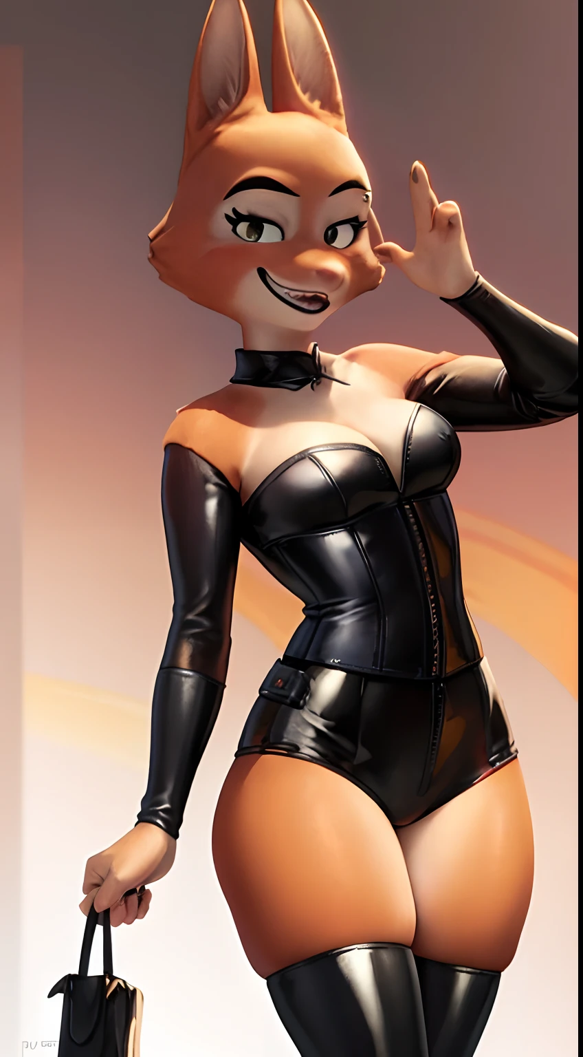 a beautiful and detailed head portrait of diane foxington,orange body, black lips, eyelashes, eyebrow piercing,smile, sexy, black leather corset, black leather boots, holding flogger, red background