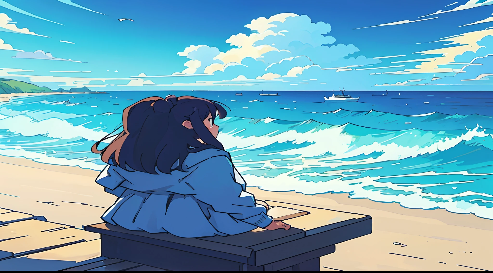 (top-quality:0.8)、(top-quality:0.8)、perfect anime illustration、Girl staring at the sea、Beautiful Landscapes