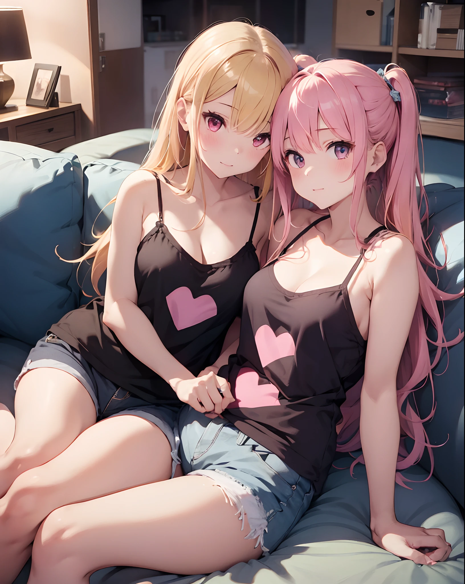 Two girls putting their hands on their chests、Super long hair、Camisole and shorts、(blonde and pink hair)、Create a heart shape with a heart-shaped effect for viewers):1.5、Living room sofa