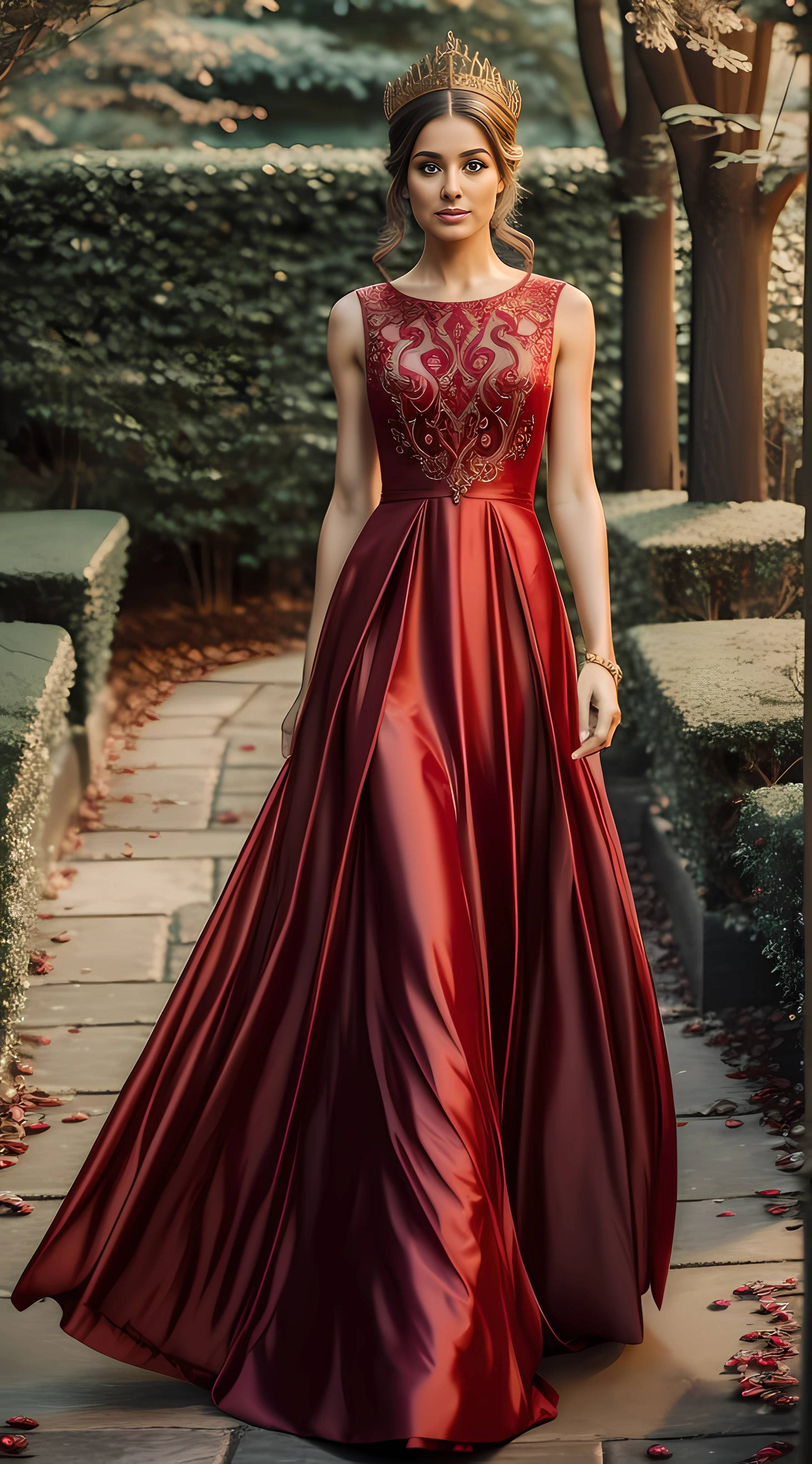 The woman is dressed in an enchanting and flowing red gown that mirrors the elegance of elven attire. The dress cascades gracefully, catching the breeze with a gentle sway, reminiscent of the ethereal beauty associated with elven fashion. The gown's intricate design is adorned with delicate golden and metallic accents that catch the light, exuding an aura of sophistication and allure. The overall effect is a captivating and exquisite dress that complements her presence with a touch of magical charm.