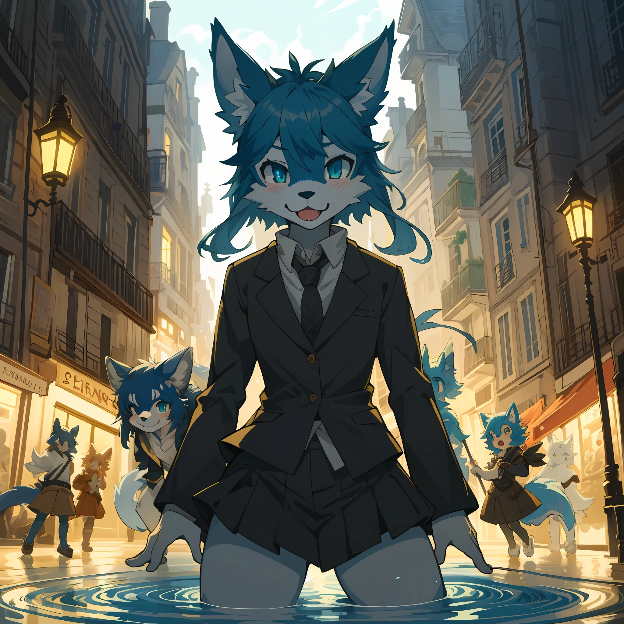 top quality, best quality, High-quality illustrations, masterpiece, super high resolution, detailed background, Streets of Paris, The fountain, 6+boys, 6+girls, absurdres(highly detailed beautiful face and eyes)perfect anatomy, expression, good lighting, cinematic shadow(kemono, furry anthro)assorted poses, dynamic angle,