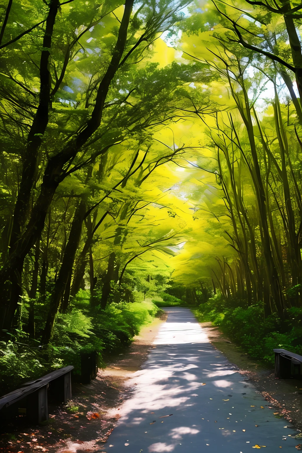 Colorful forest，rays of sunshine，Tyndall pillar of light，Wind caresses leaves，fresh flowers。