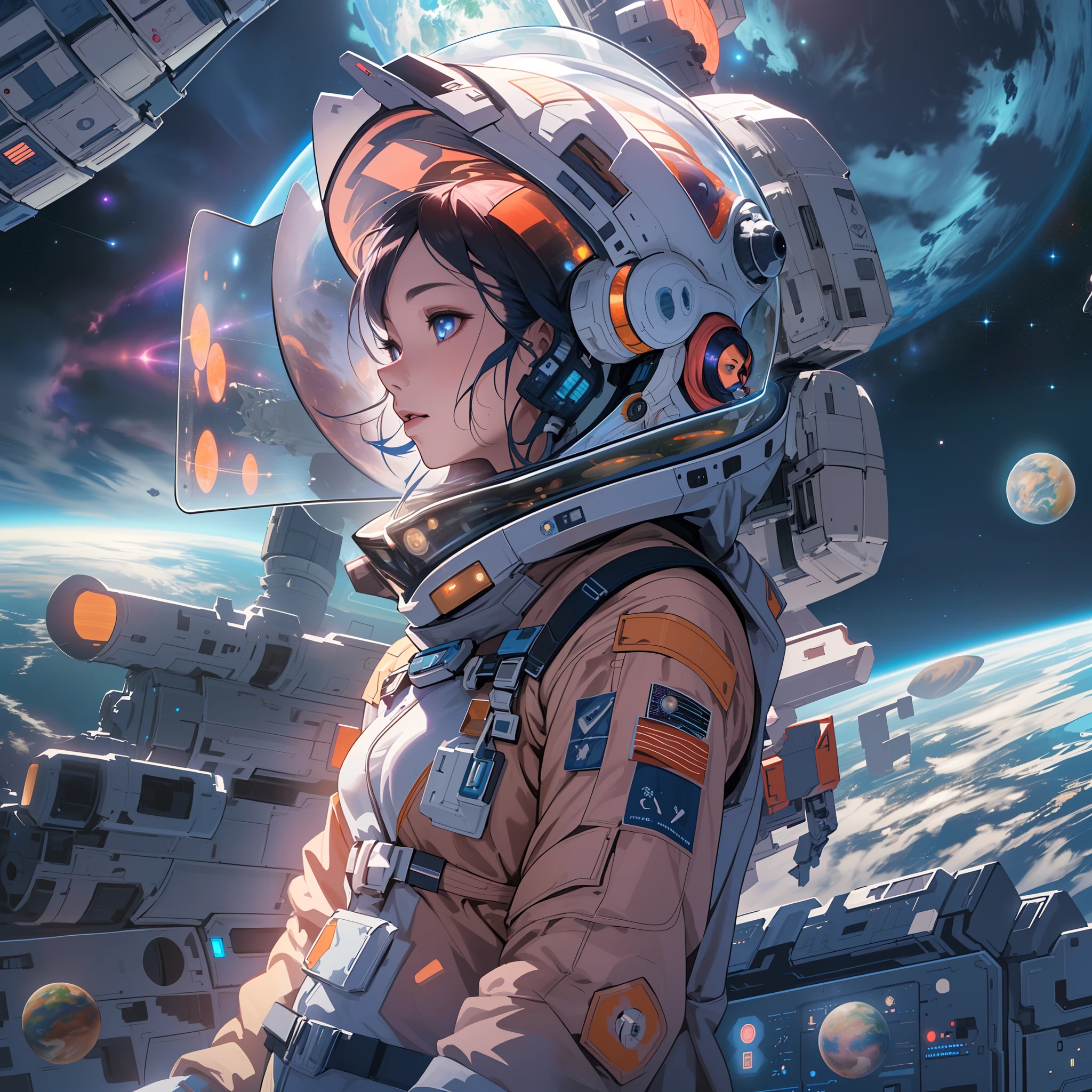 Girl taking a space trip、(spaceship windows)、Super Color Textures、8K、(Beautiful Earth、stele)