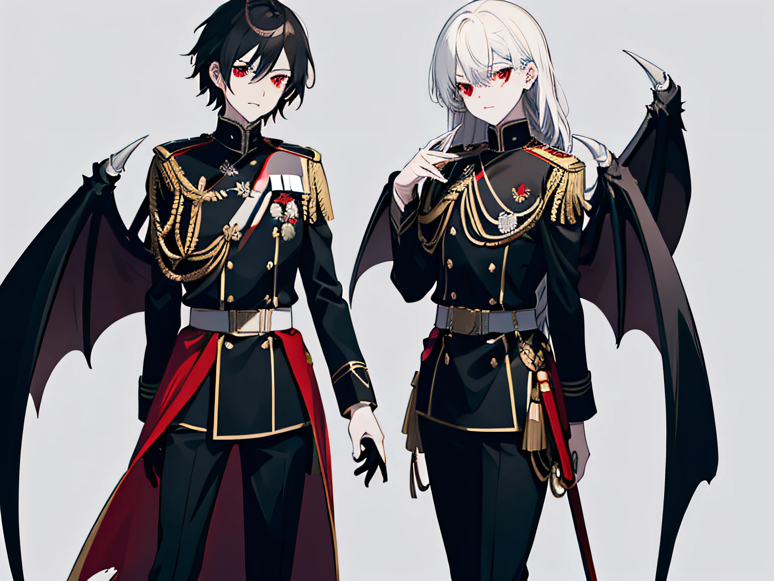 Black long straight,Red eyes,Vampires,It has six pairs of wings on the back,The color of the German uniform is German gray,Red and black color scheme on background,Facing the lens