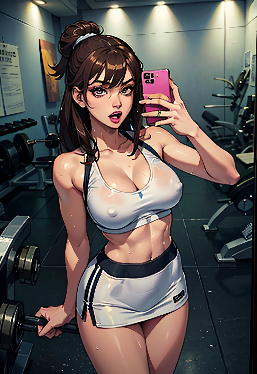 beautiful  lighting, top quality, cinematic film still (charming bilochka asmr) , standing somewhere  in a gym, in a (small tight and ultra thin 2 piece gym outfit), (perky- outlined), (all wet) , light atmosphere, toned body, beautiful slutty sexy woman, open mouth, brigh eyes ,  big, dark brown hair color , tiny micro skirt, , big clevage , beautiful woman in perfect figure, ((big breasts)), big, slender abs, very detailed face and skin texture, detailed eyes, double eyelids, perfect anatomy body proportions , hd , hdr , nikon z9 80mm lens , masterpiece,taking mirror selfie, skimpy,perky nipples ,holding a phone, shape can be seen under bra, infront of a mirror,sweaty