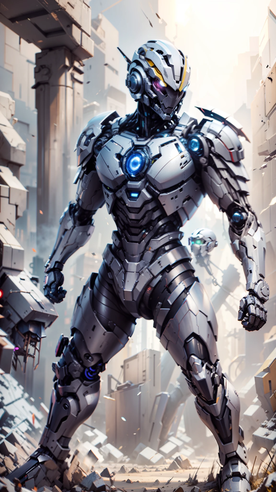 A close up of a robot standing in a destroyed city - SeaArt AI