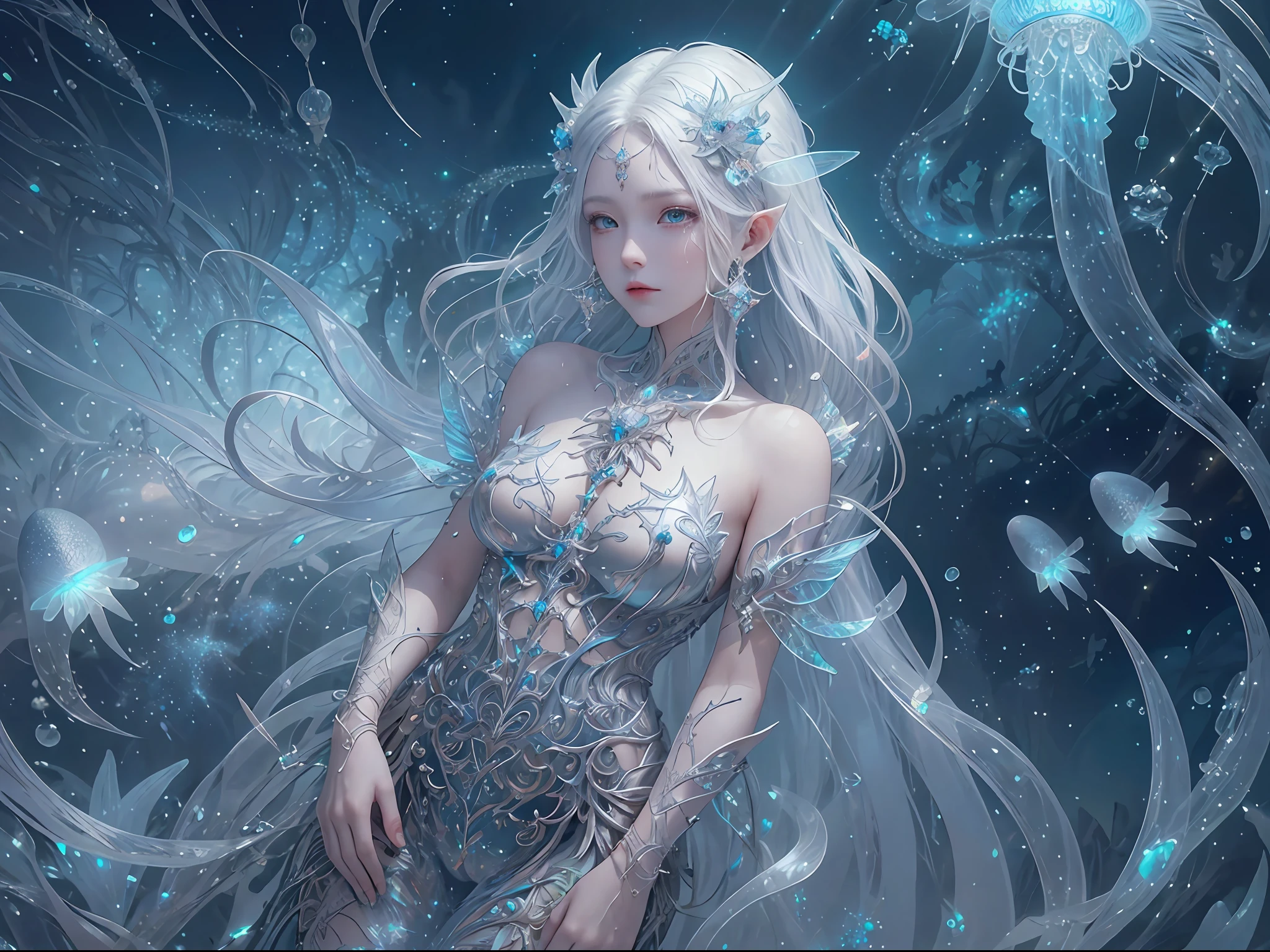 Masterpiece, High Quality, Ocean Forest, City, Fantastic Fantasy, Glowing Plants, Coral Viaduct, (Swarm of Glowing Jellyfish), (Shoal of Fish with Transparent Wings Flying in the Sky), Misty, Extreme Detail, Morning Light, Epic Composition, (Intricate Detail), (Intricate Design, Ultra Detail: 1.2), Art Station, (Masterpiece, Best Quality), Ultra HD, 32k ,castle,1girl