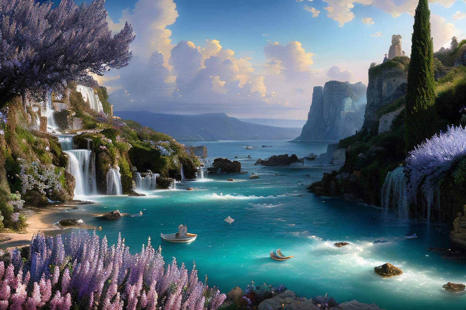 Paysage mer cristalline bleu profond,glycine,cascades, Eau cristalline, ciel azur lumineux, ,(Highly detailed CG Unit 8k wallpaper), The most beautiful work of art in the world, Professional majestic oil painting, complexe, High detail, mise au point nette, dramatique, Art of photorealist painting, Alma Tadema