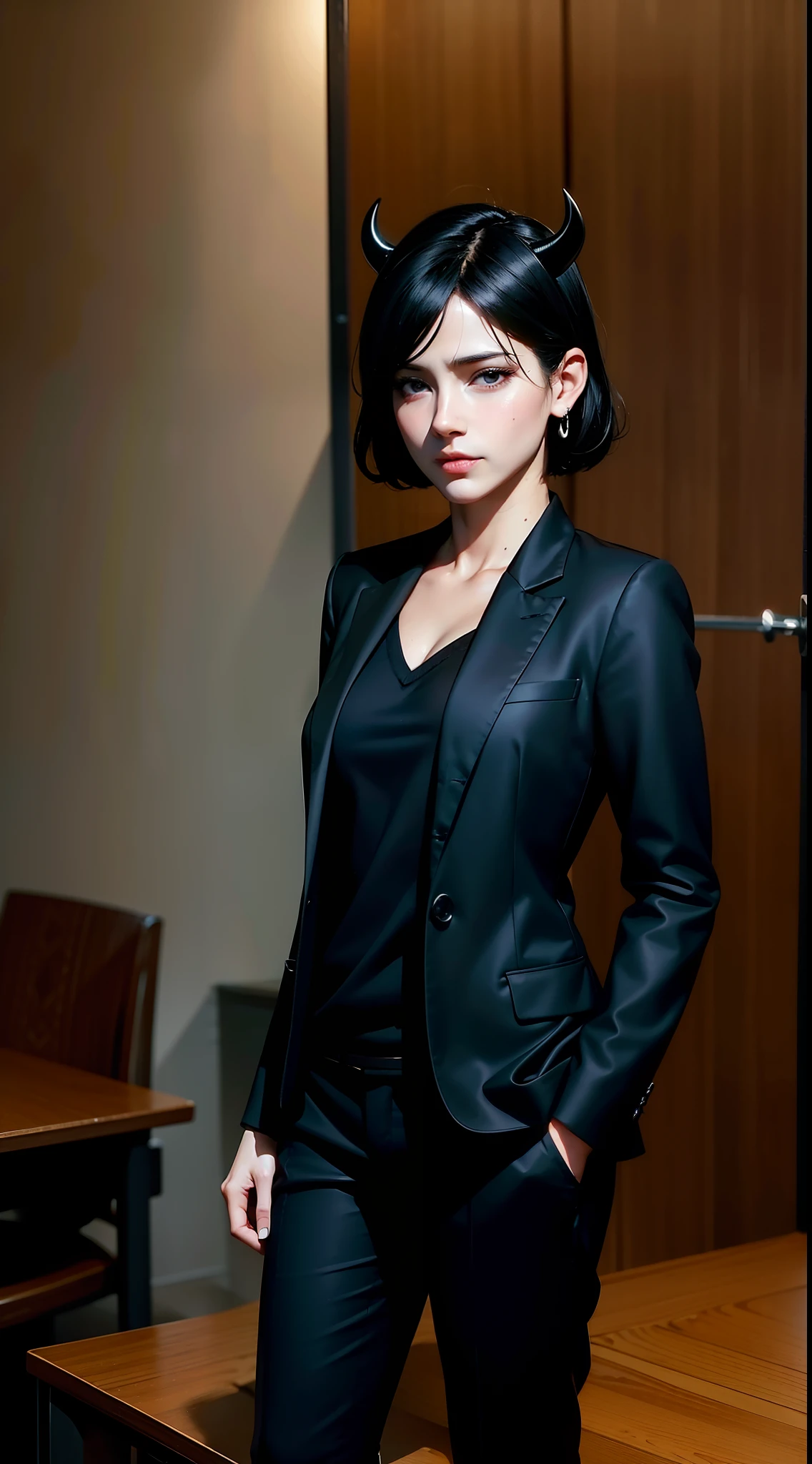 nero from anime black clover, black hair, short hair, medium bust, horns, beautiful, beautiful woman, standing, perfect body, full body, looking at viewer, wearing formal clothes, wearing black shirt, wearing black blazer, wearing trousers black, wearing watch, wearing earrings, in office, in workspace, hd quality, 8k, conon photo, photo realistic, style realistic, good lighting,