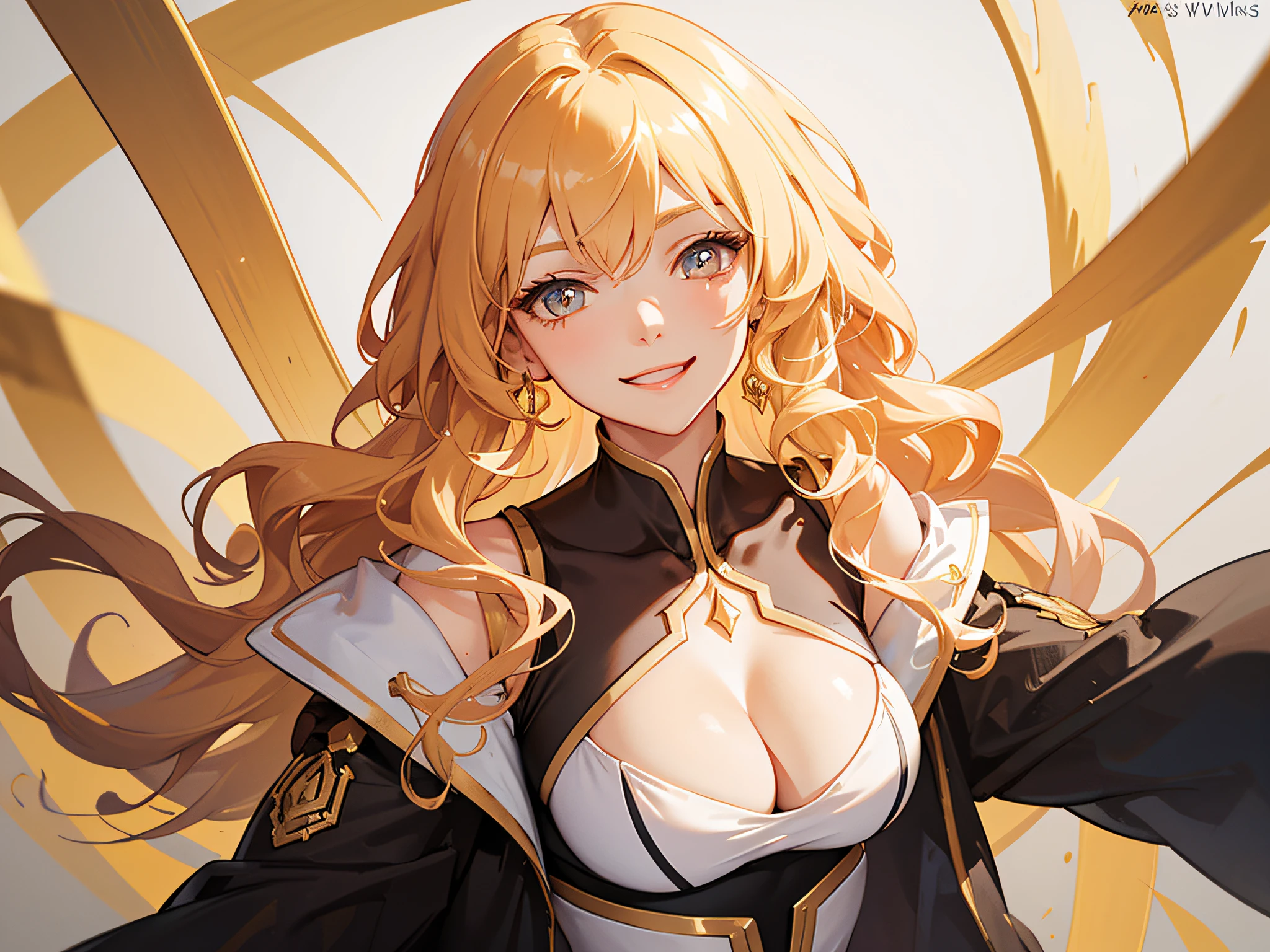 tmasterpiece，best qualtiy，the detail，The is very detailed，1girl，golden curly hair，closeup cleavage，brightly，lineworks，abstracted，cheerfulness，intriguing，Clothing is transparent，Kim Mier，noble，Glamorous，Cover your breasts
